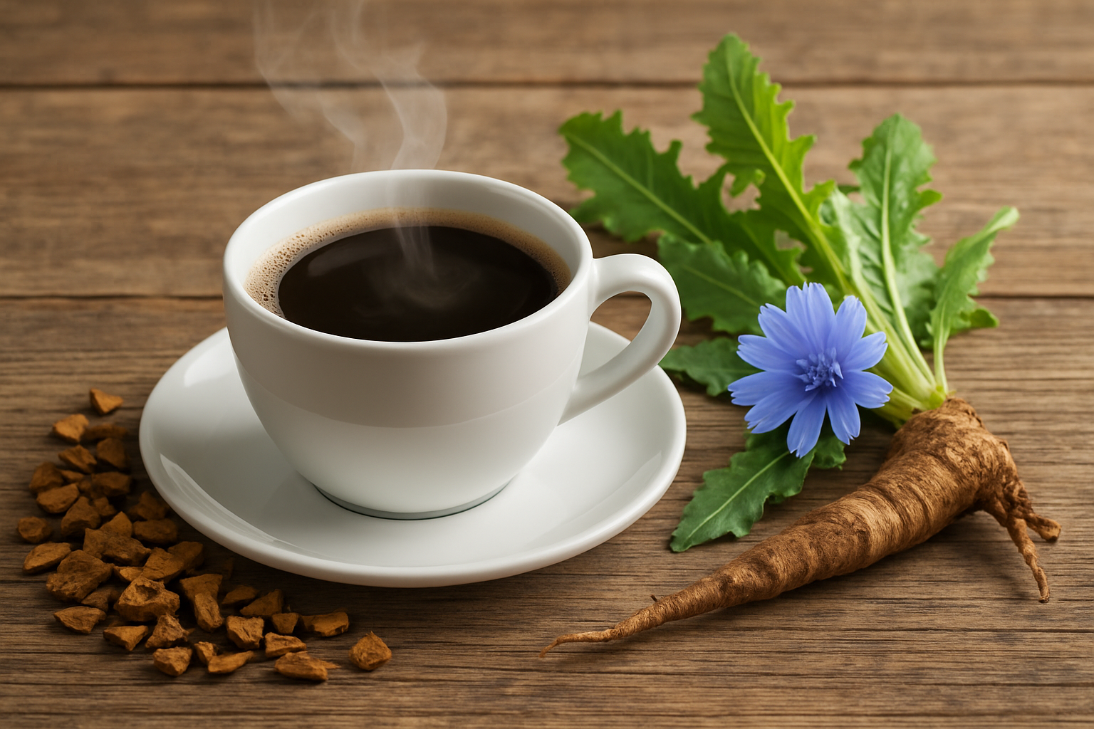 A close-up of a freshly brewed cup of chicory coffee, with roasted chicory roots and coffee beans beside it showing raw ingredients.