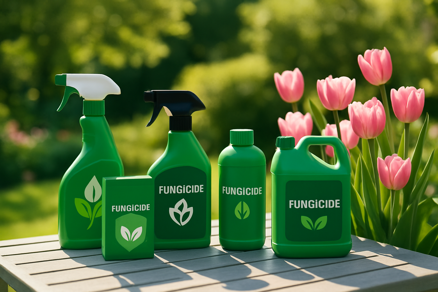 An assortment of fungicide products displayed alongside vibrant tulip blooms in a garden setting.