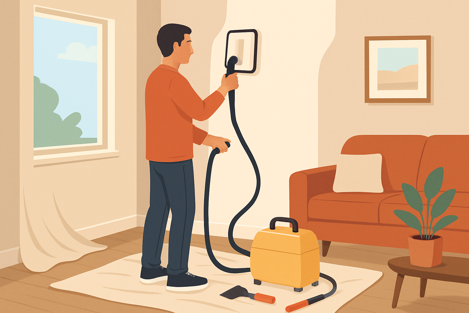Using a wallpaper steamer with proper technique and safety measures to remove wallpaper from walls.