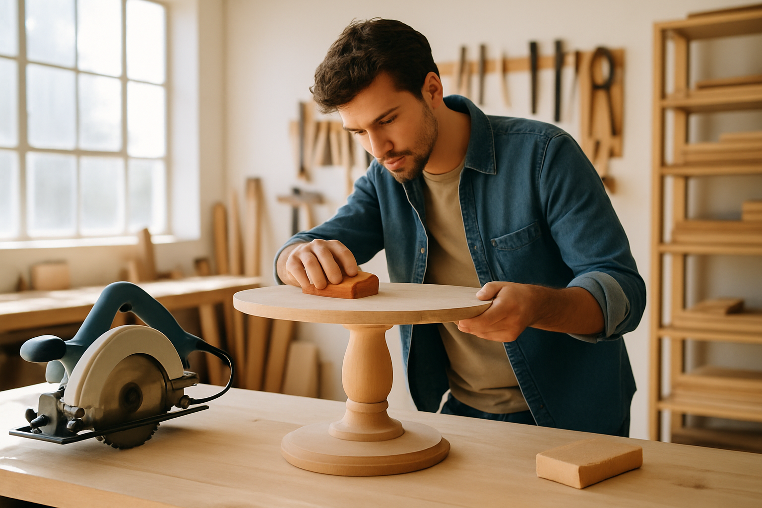 A craftsman carefully cutting and sanding components of a pedestal table ready for assembly