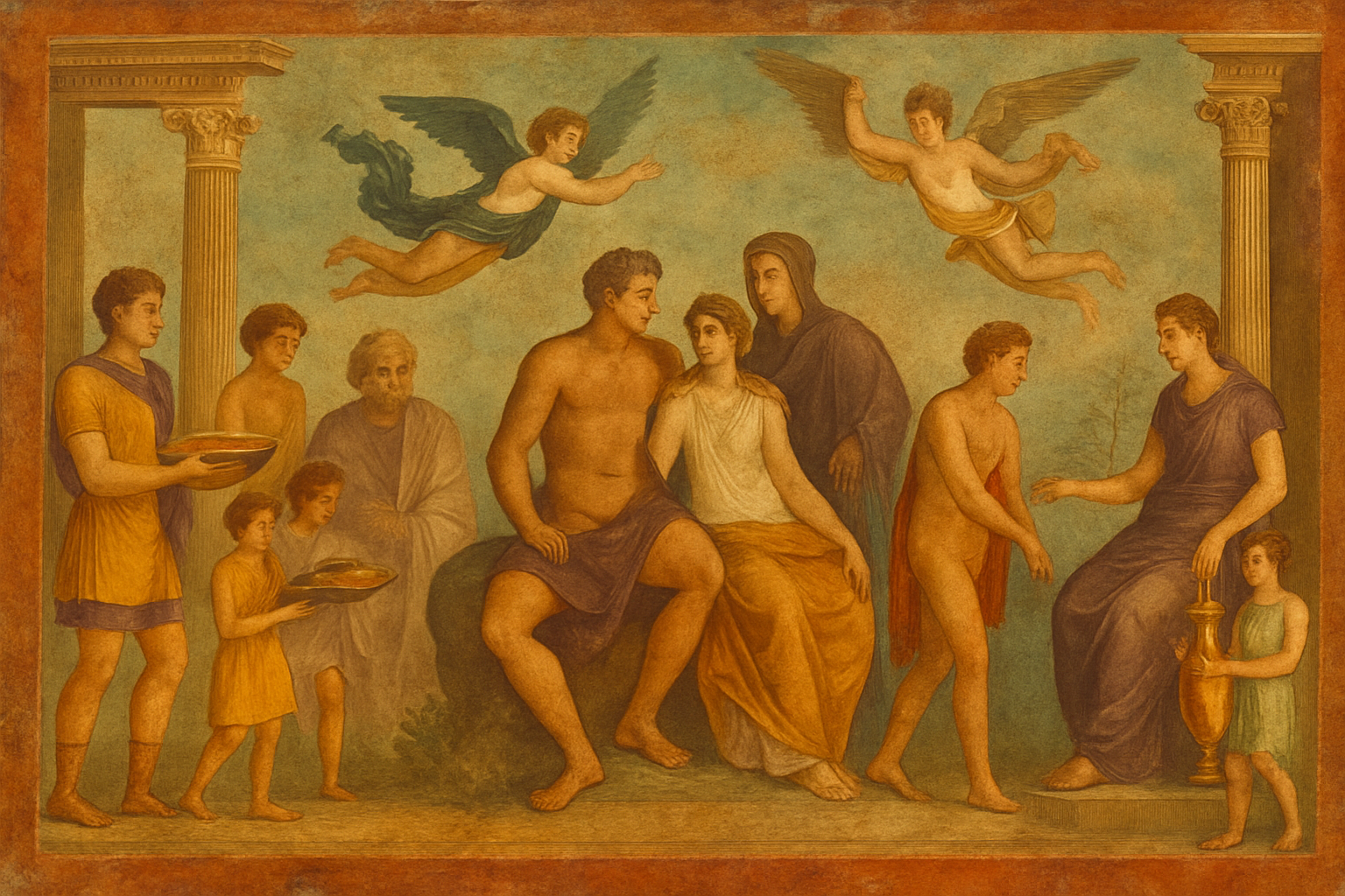 A vibrant fresco from Pompeii depicting Roman mythology and scenes of daily living