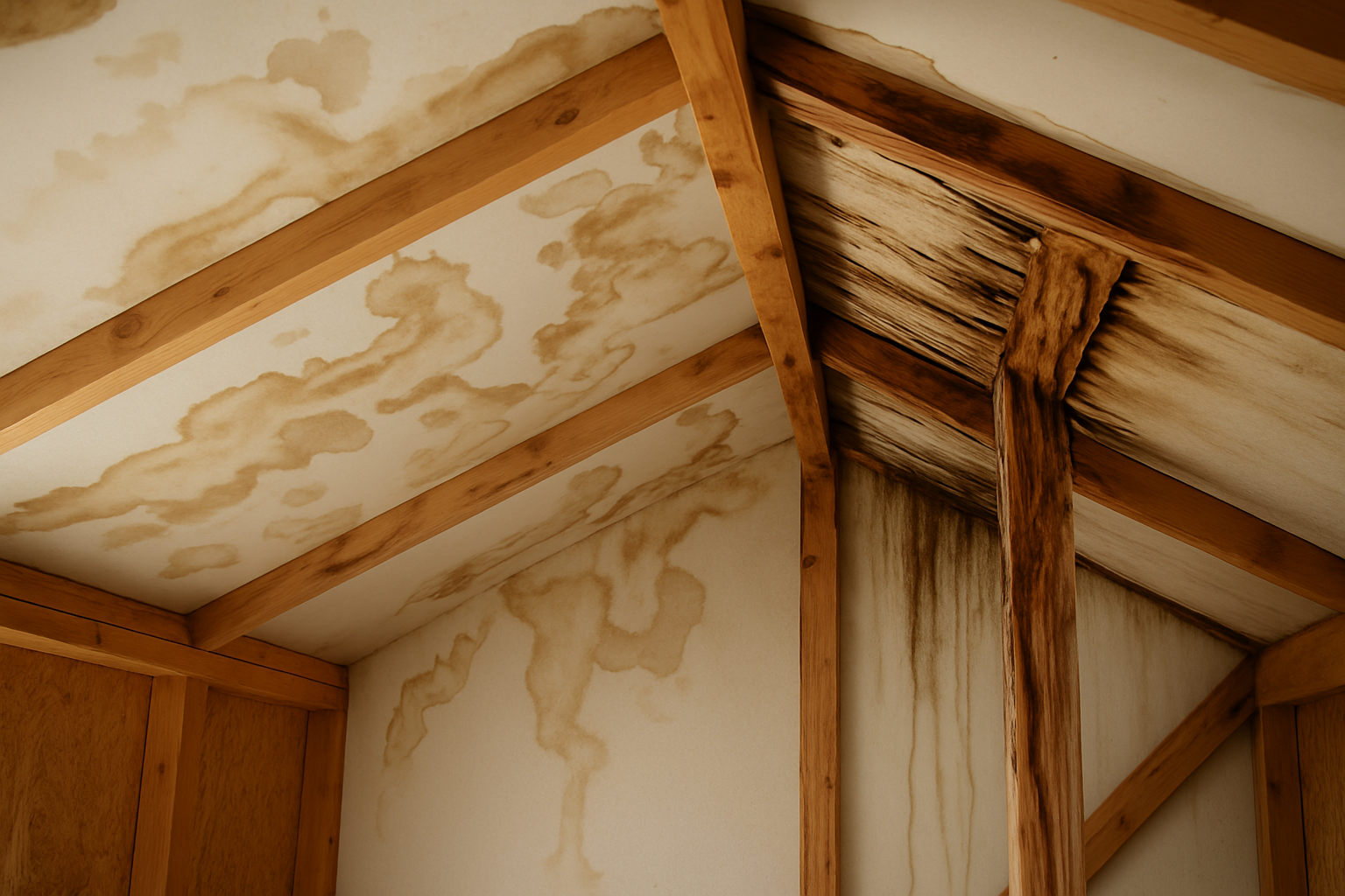 Water stains and warped wooden beams indicating a water leak in the attic