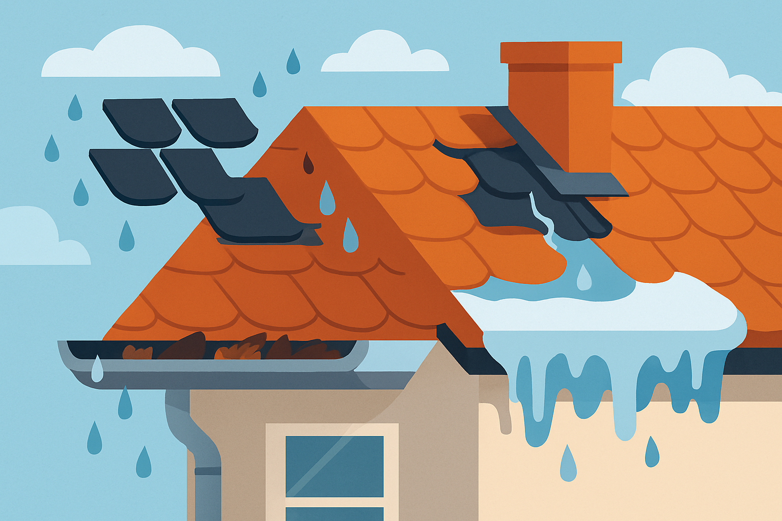 Common roof leak causes including missing shingles, broken flashing, blocked gutters, and ice dams