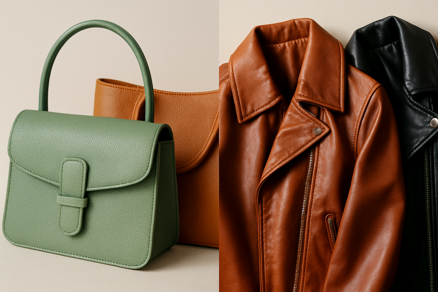 Visual comparison of handbags or jackets made from vegan leather and faux leather showcasing texture and color diversity.