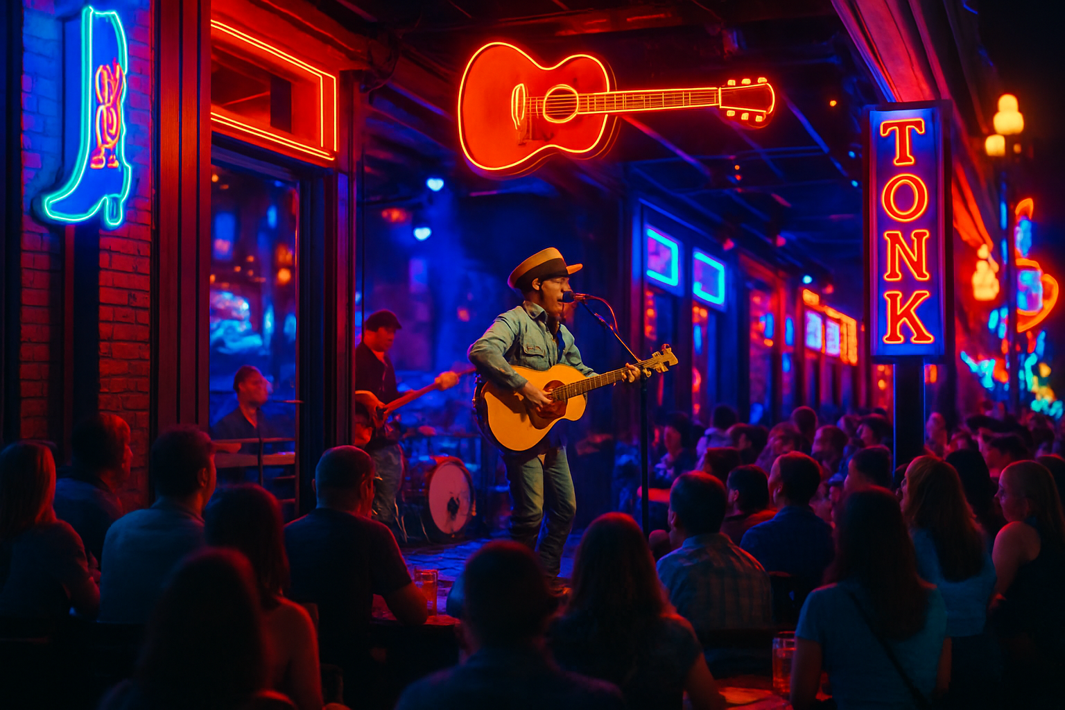 Nashville Broadway honky-tonk scene bustling with live music and glowing neon nightlife