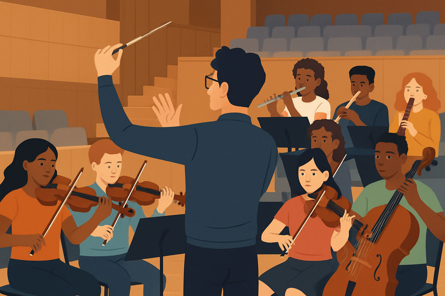 A youth orchestra rehearsal showcasing young musicians engaging actively with classical music in a vibrant setting