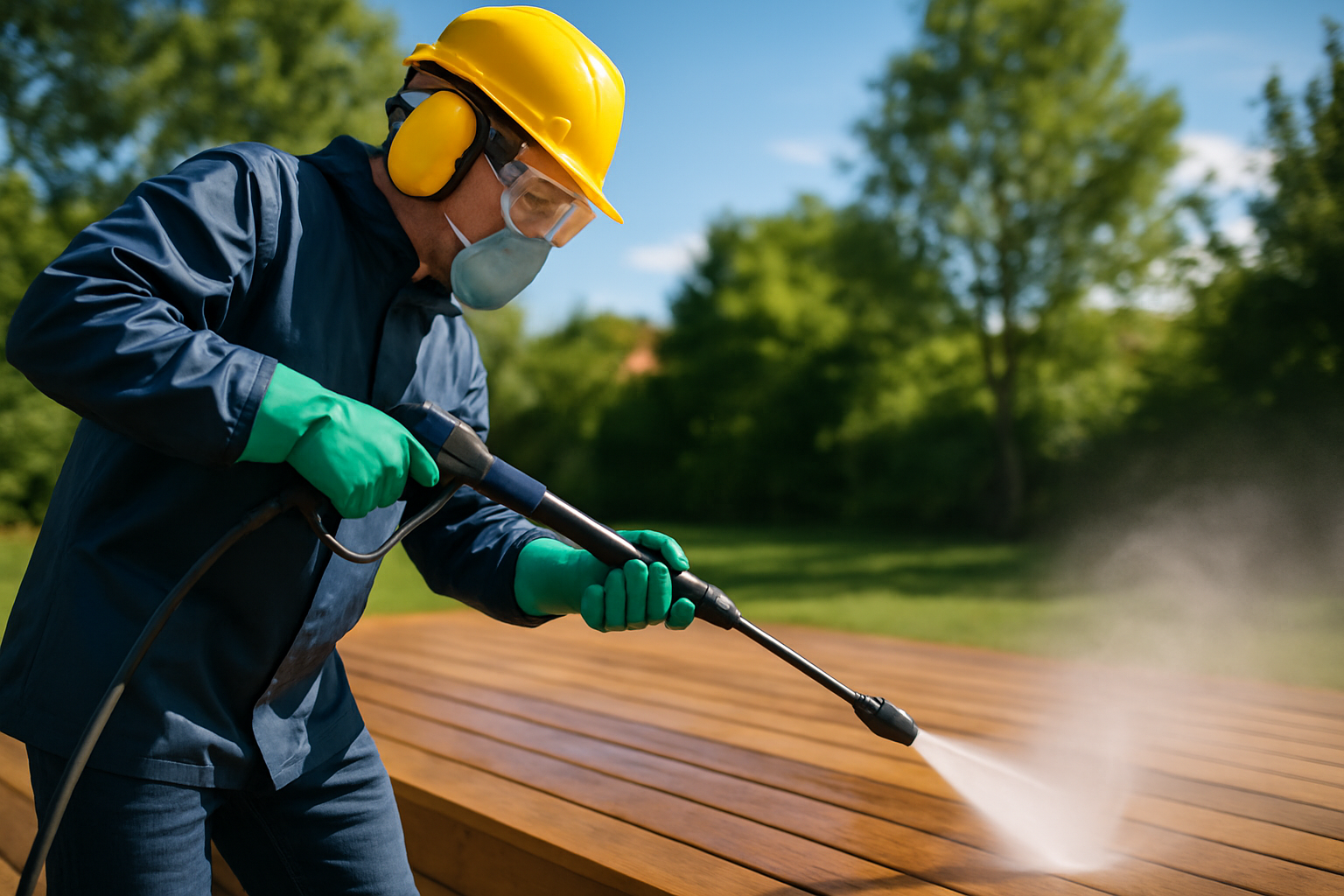 A homeowner powerwashing a wooden deck while wearing goggles, gloves, and sturdy footwear to ensure safety.