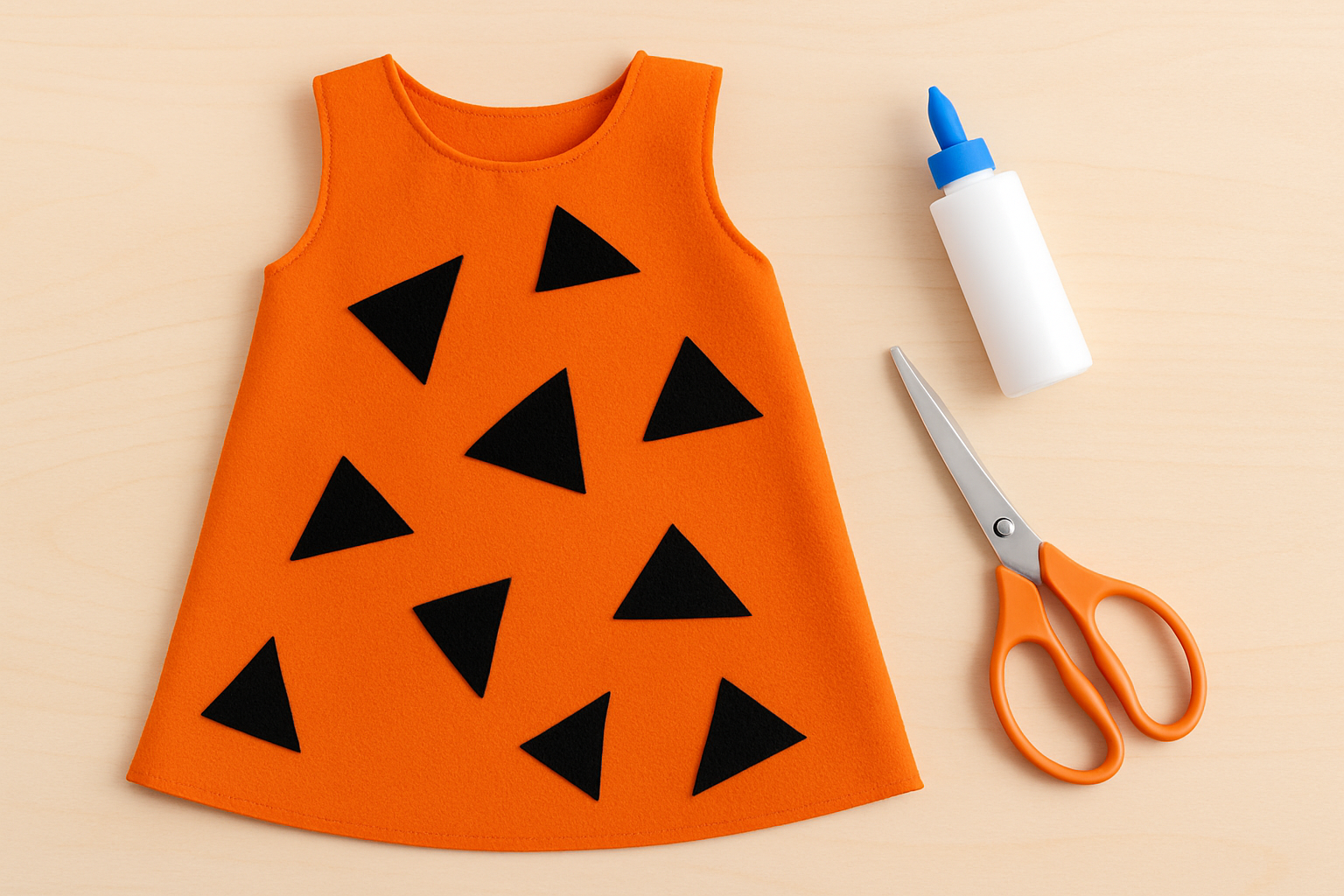 Step-by-step visual showing the orange dress with black triangle cutouts arranged before attachment.
