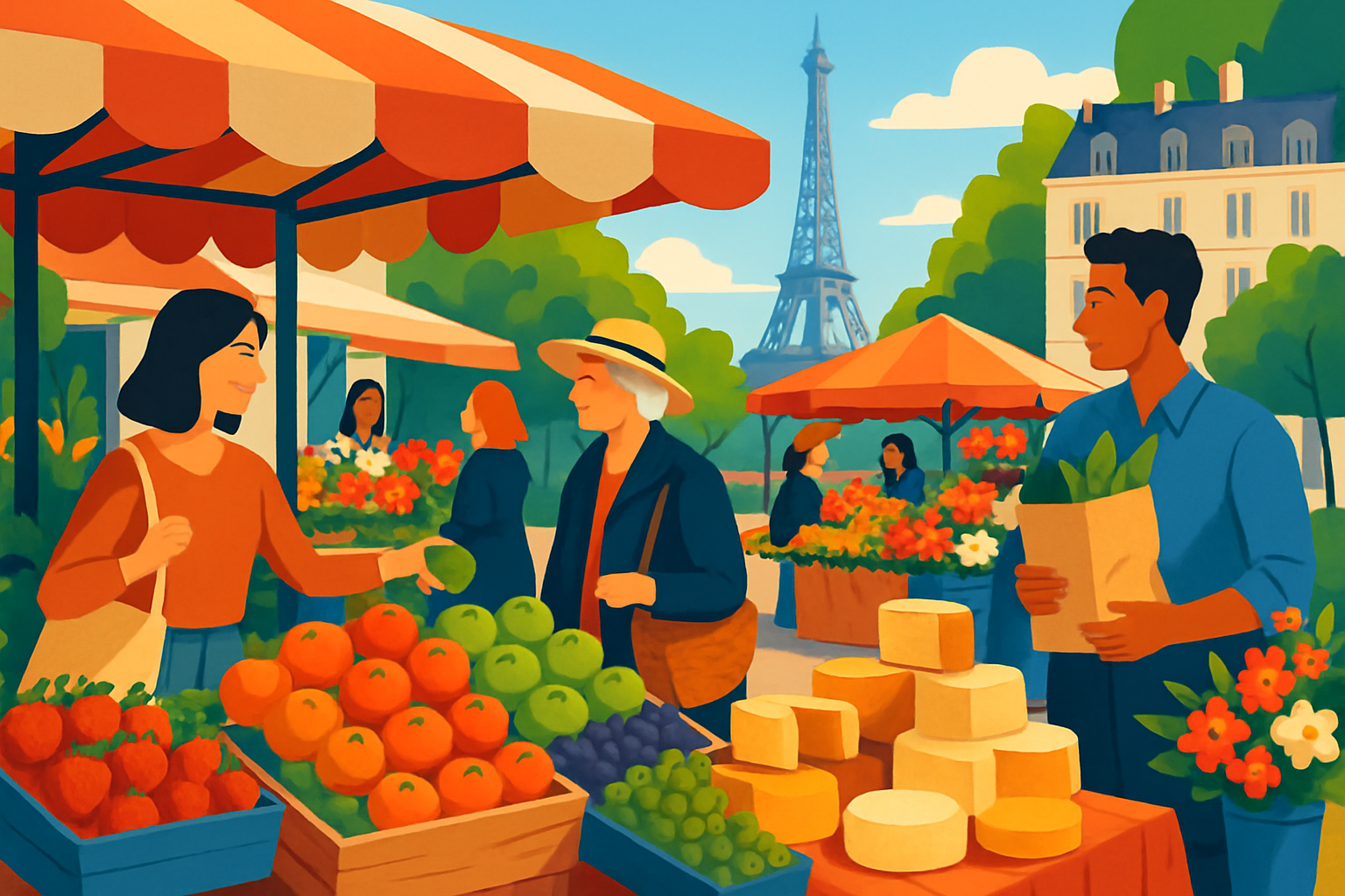 A bustling Parisian market showcasing fresh local produce and organic goods beloved by residents.