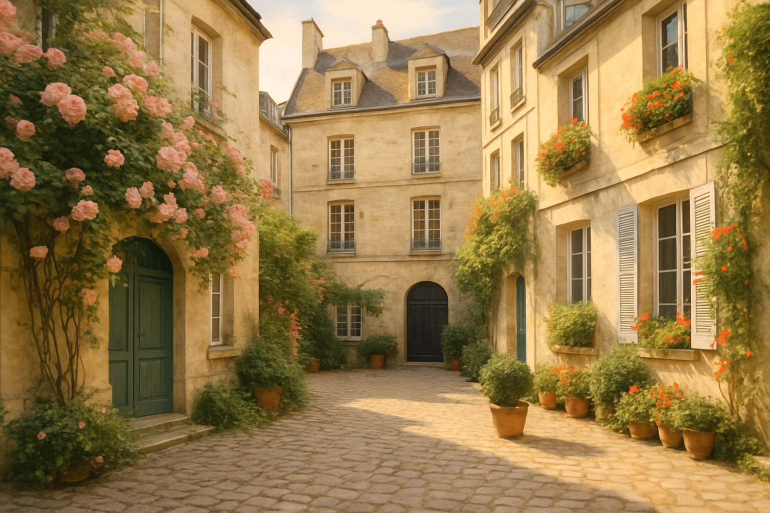 A secret courtyard in Le Marais, offering a peaceful retreat away from bustling Paris streets.