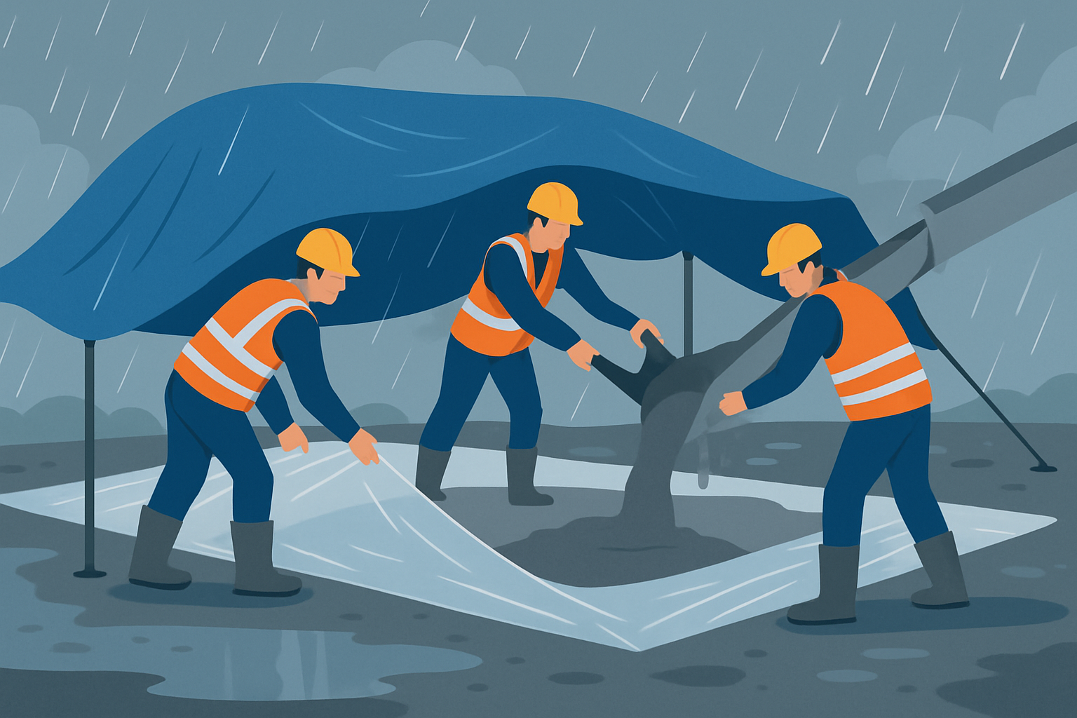 Workers pouring cement safely under protective covers during rain to shield the fresh concrete from water damage.