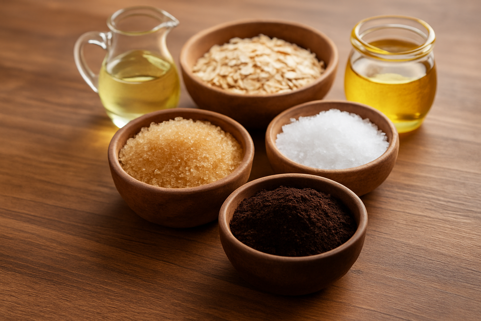 Natural exfoliating ingredients ready to be combined for homemade body scrubs without coconut oil