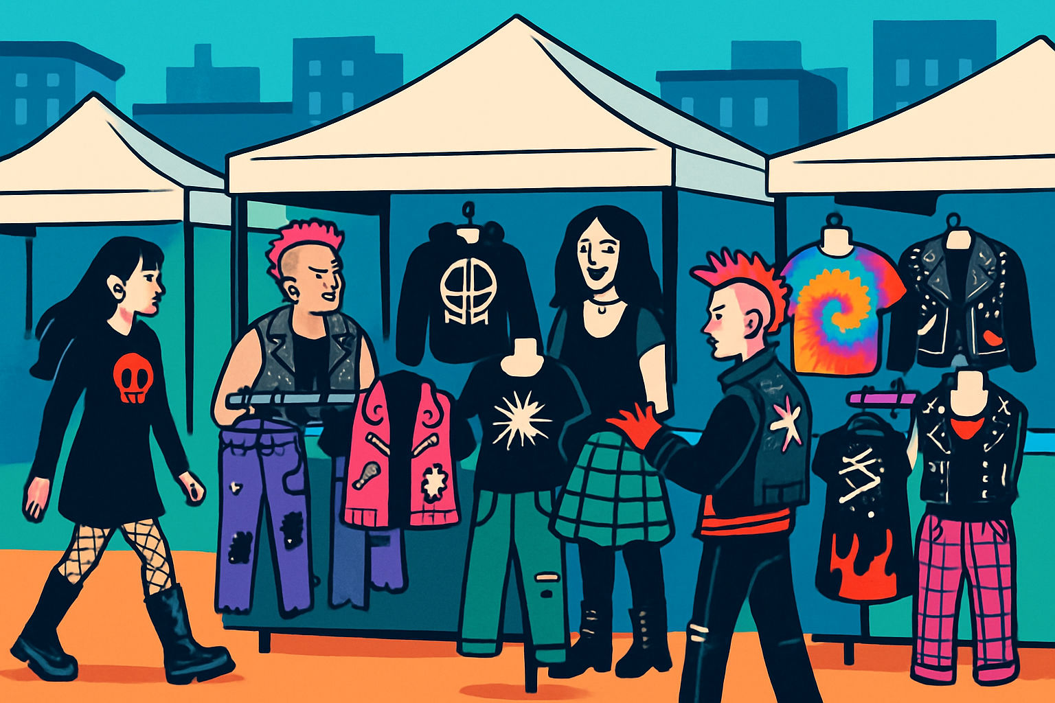 An urban subculture market showcasing diverse subversive clothing styles and DIY fashion culture