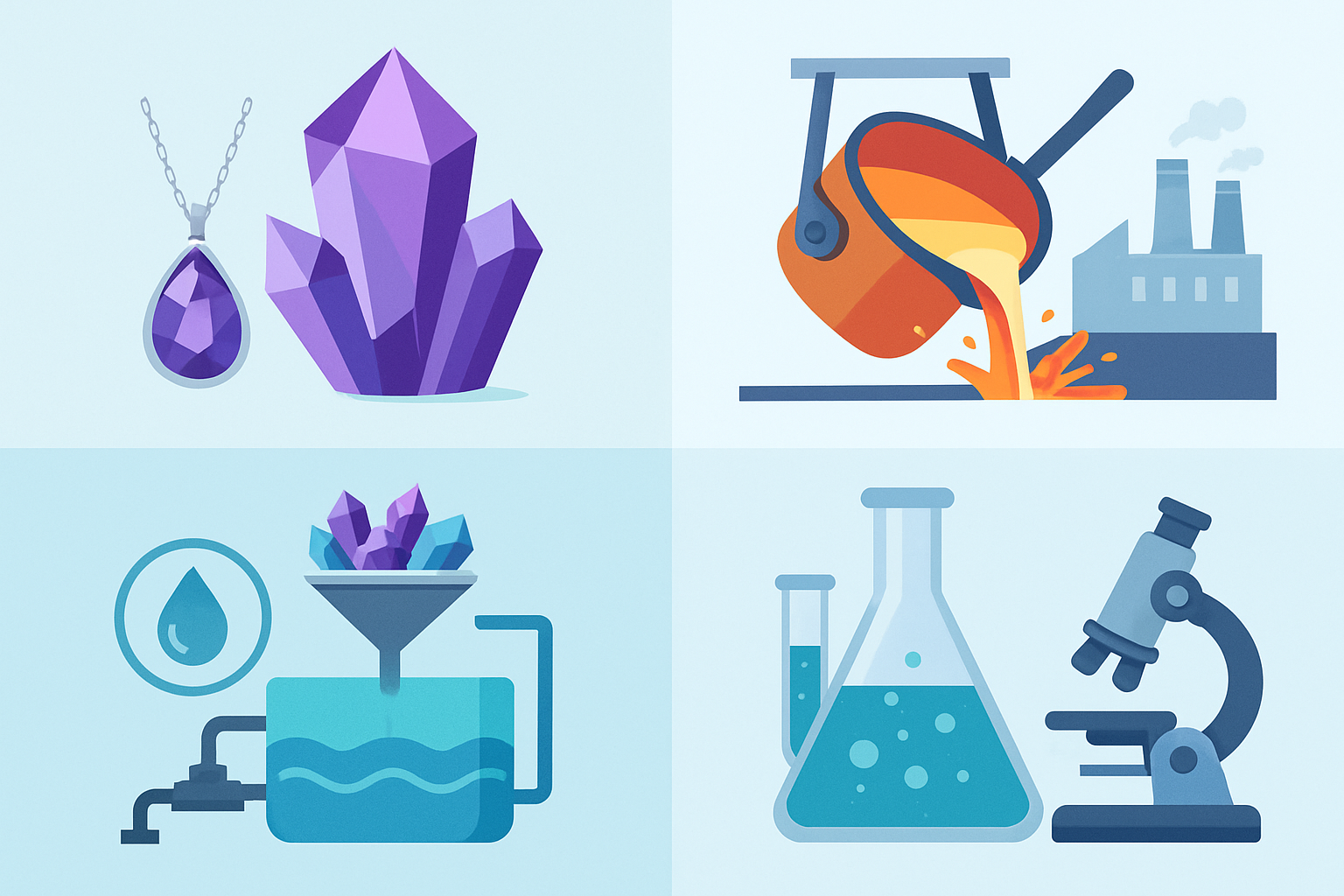 Infographic illustrating the magic mineral’s wide range of practical applications in industry, technology, and ornamentation