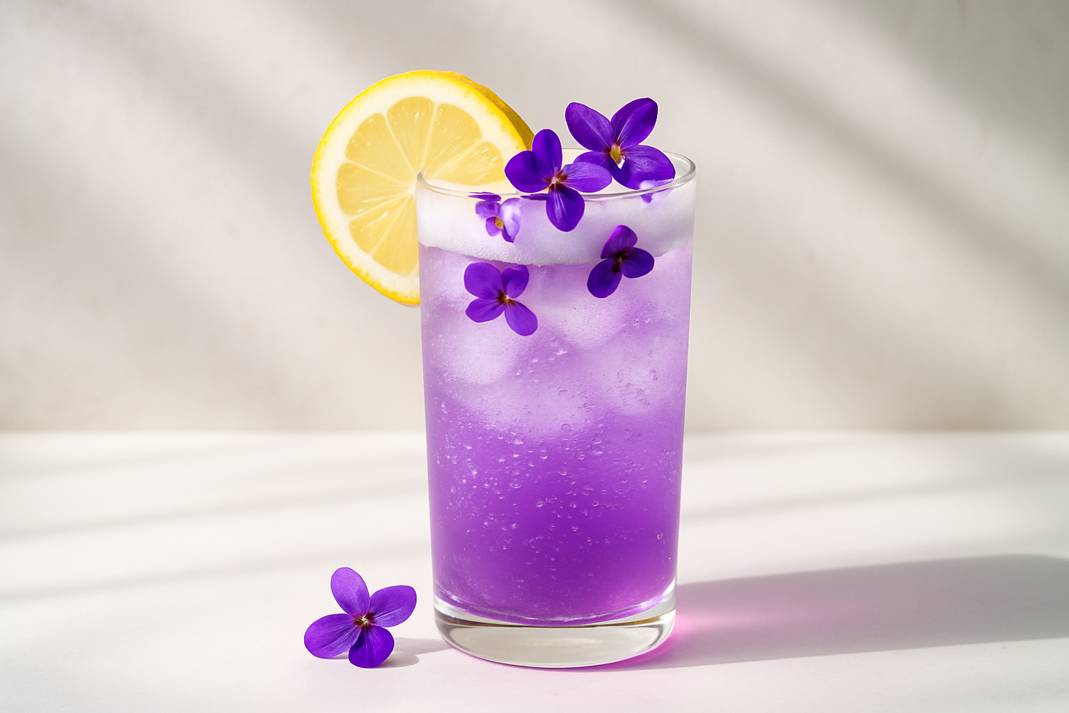 A refreshing Violet Fizz cocktail garnished with lemon and violet petals, showcasing the vibrant purple hue