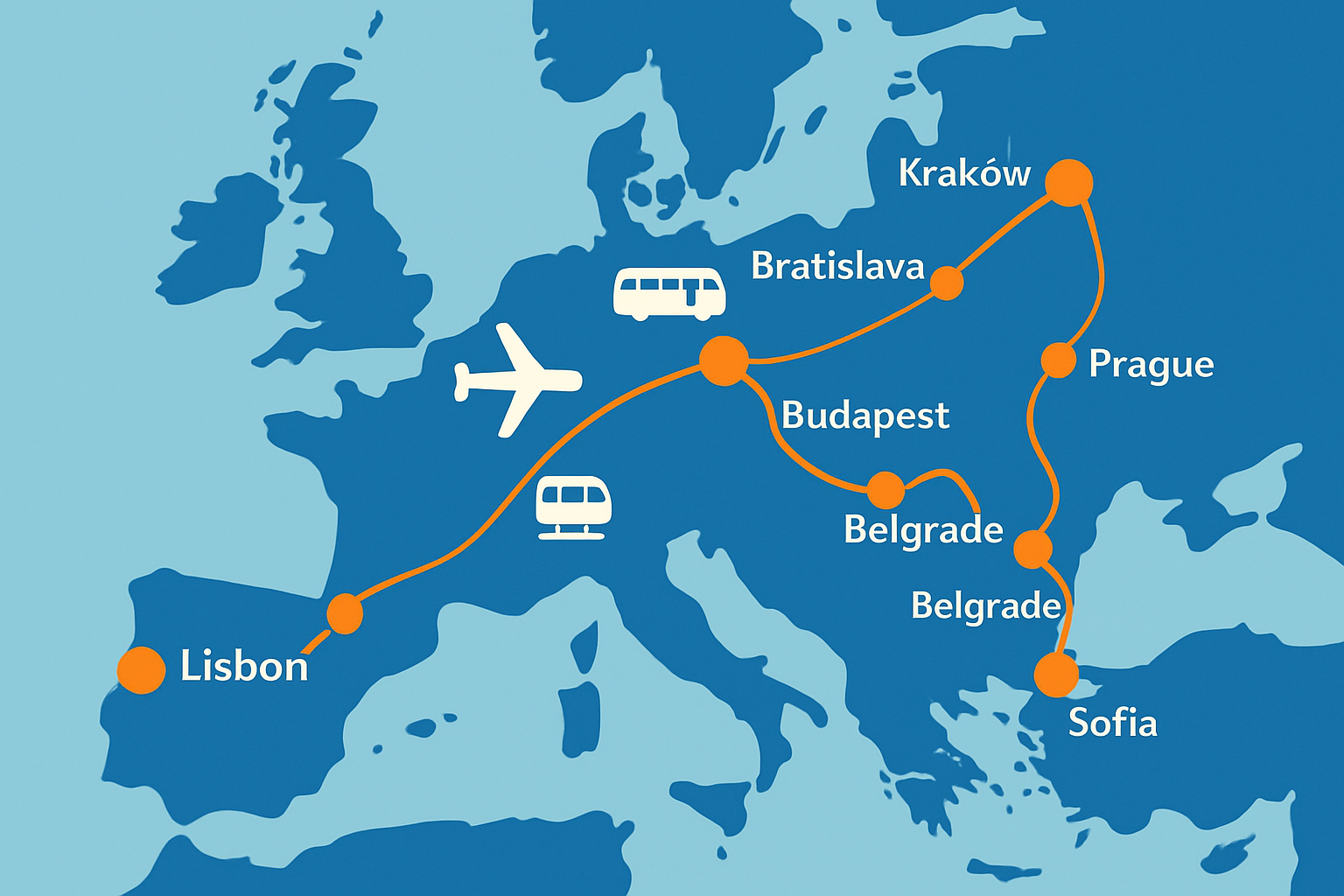 Visual map illustrating the recommended budget backpacking Europe route connecting major stops and transport links.