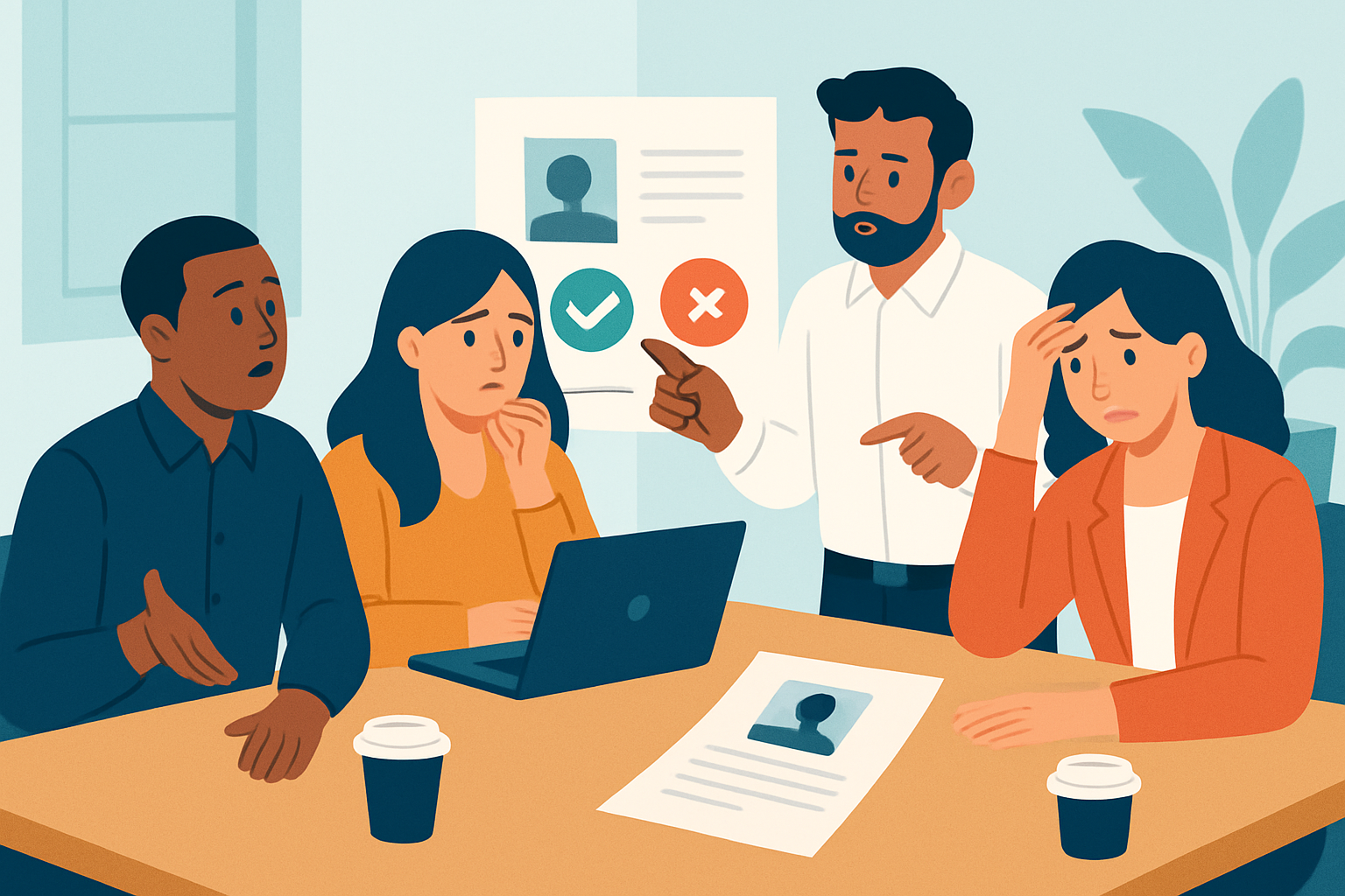 Workplace meeting illustrating discussions about hiring with diversity considerations and the complex emotions involved.