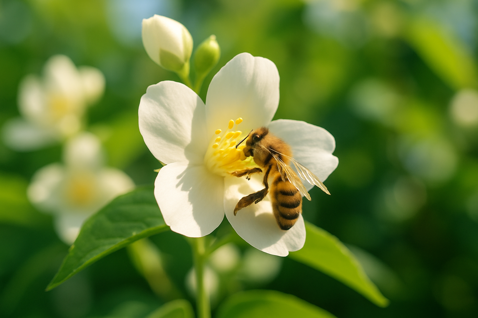 A bee actively foraging on a jasmine flower, illustrating their natural preference and interaction
