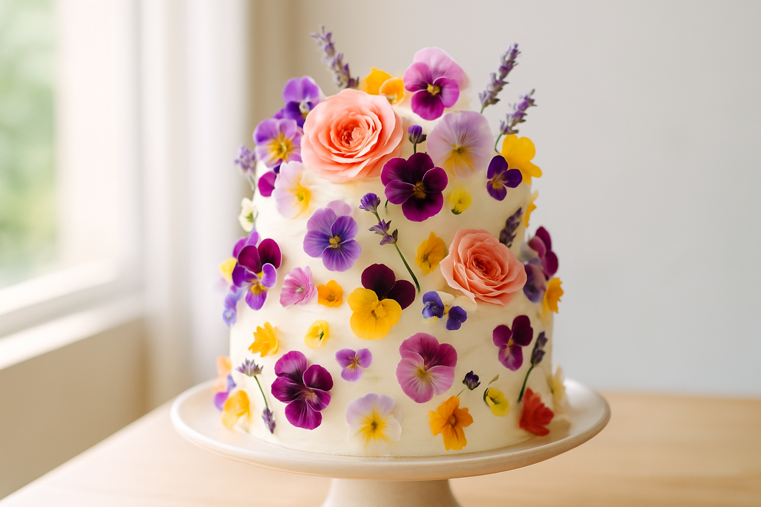 A stunning wedding cake adorned with a variety of colorful and safe edible flowers.