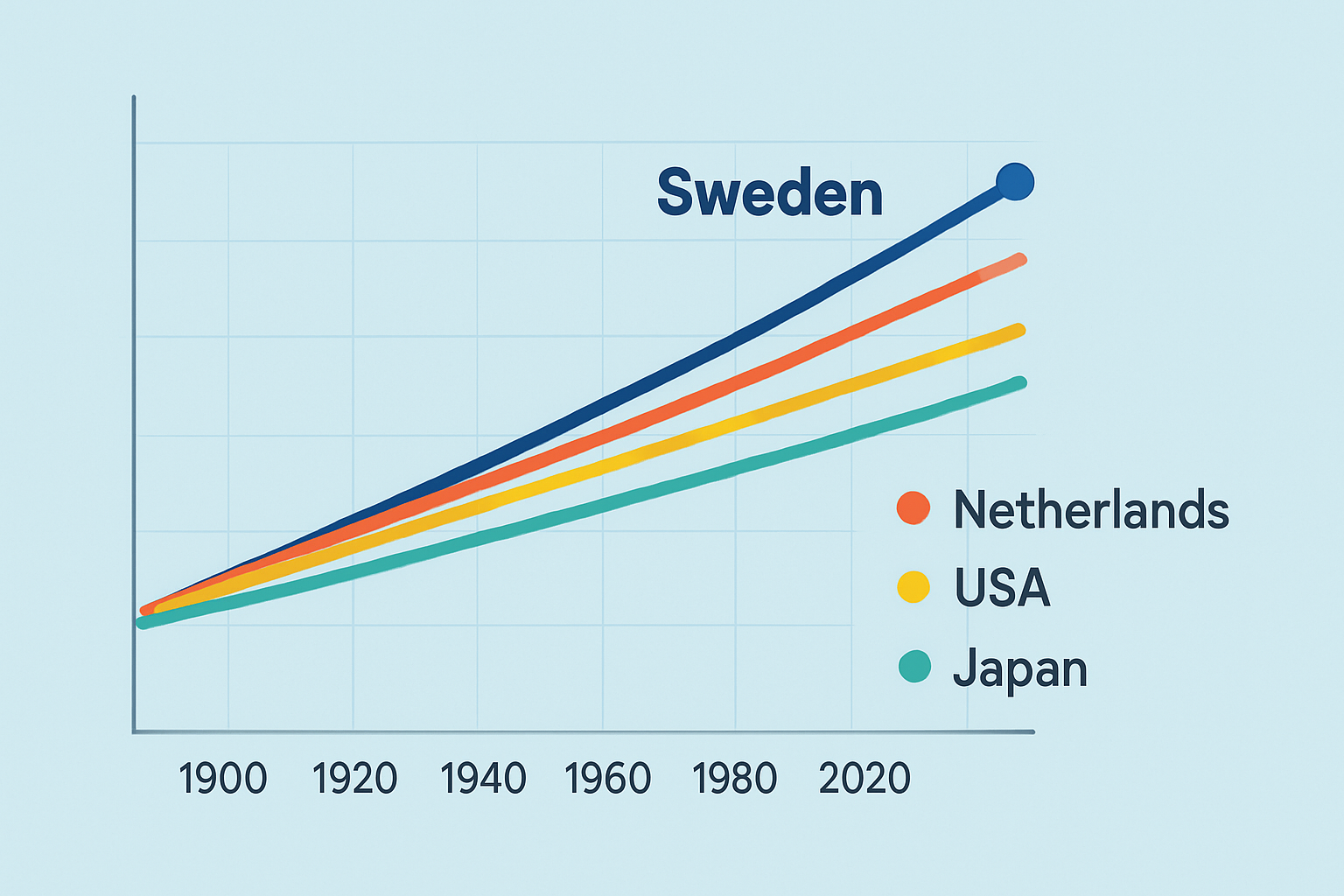 Timeline illustrating the rise in average heights in Sweden and selected countries over the last century.