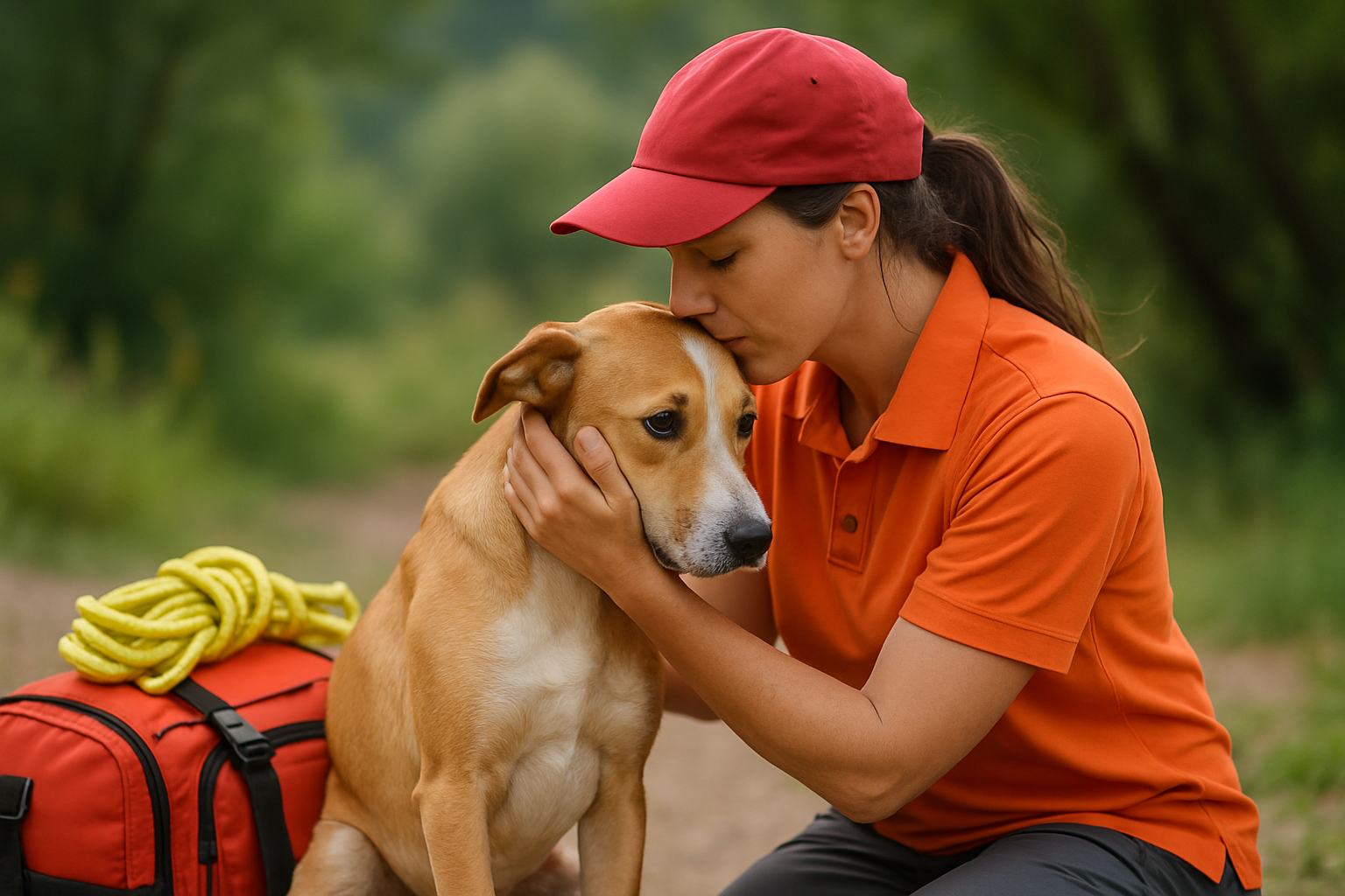 An animal rescuer providing gentle care to a rescued dog during field rescue.