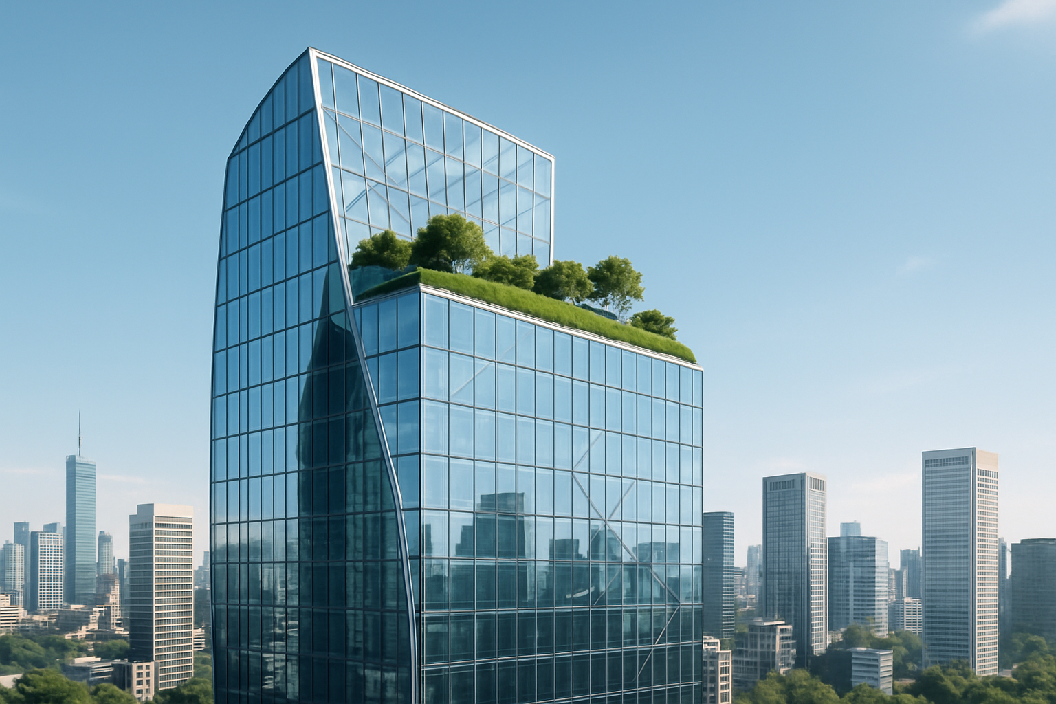A modern skyscraper featuring an innovative glass facade and a green rooftop, demonstrating design complexity and sustainability.