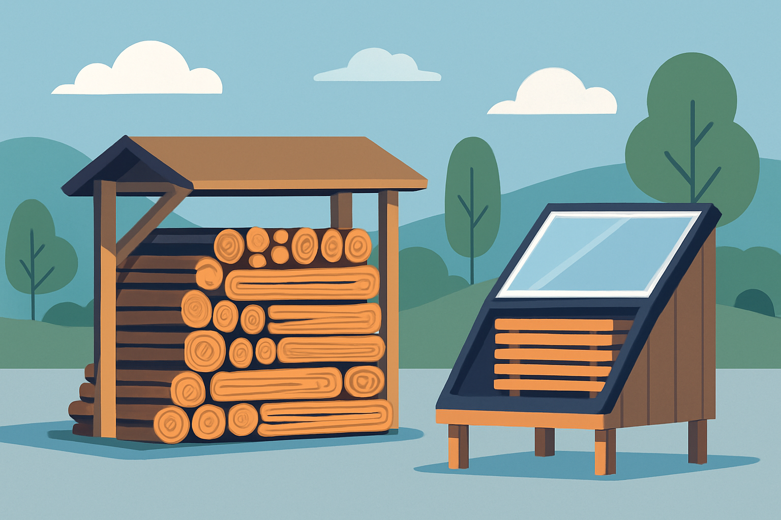 Well-stacked wood with adequate spacing outdoors alongside a small solar kiln for accelerated seasoning