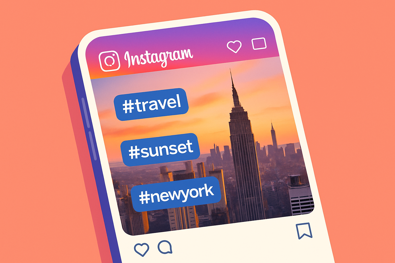 Example of optimized Instagram post featuring effective NYC hashtags overlayed on a skyline image