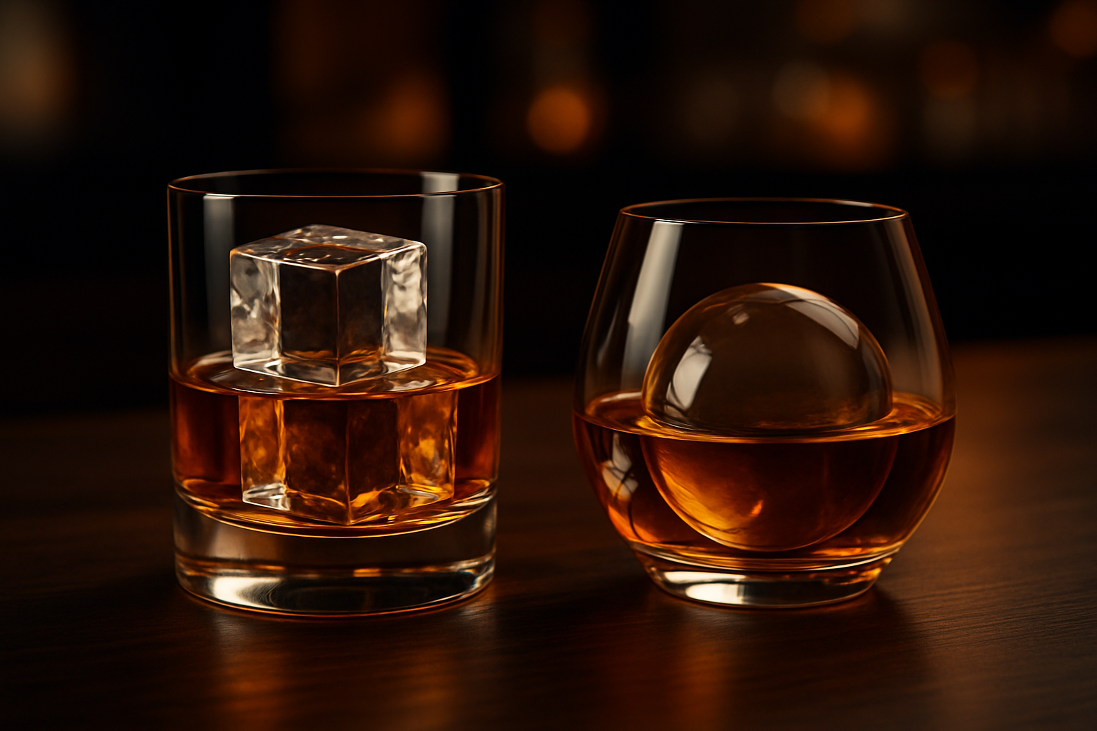 Crystal clear large ice cubes and spheres chilling whiskey in elegant glasses to showcase premium ice quality