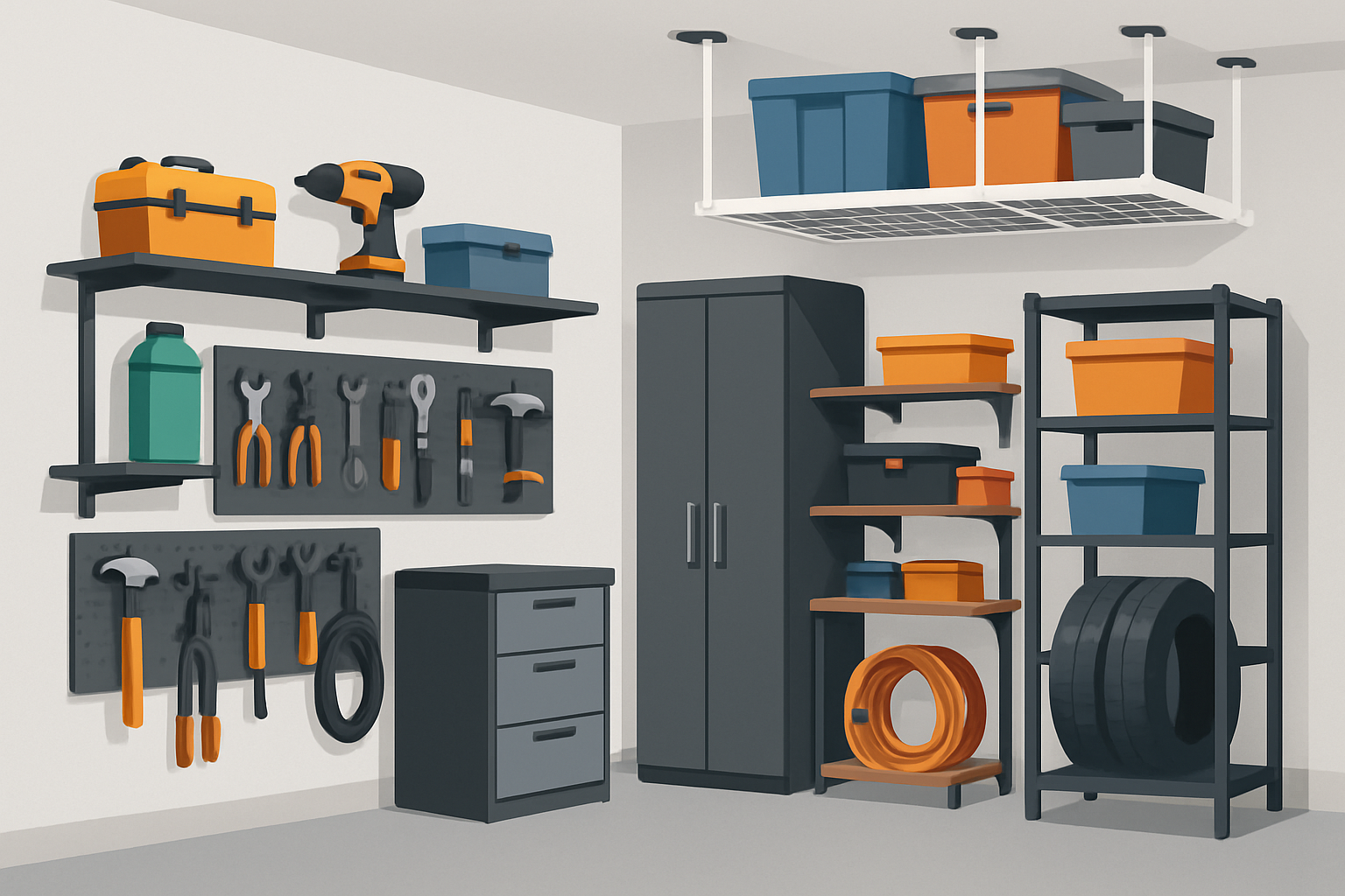 Well-organized garage showcasing various space-saving shelving solutions including wall-mounted units, corner shelves, overhead racks, and modular systems.