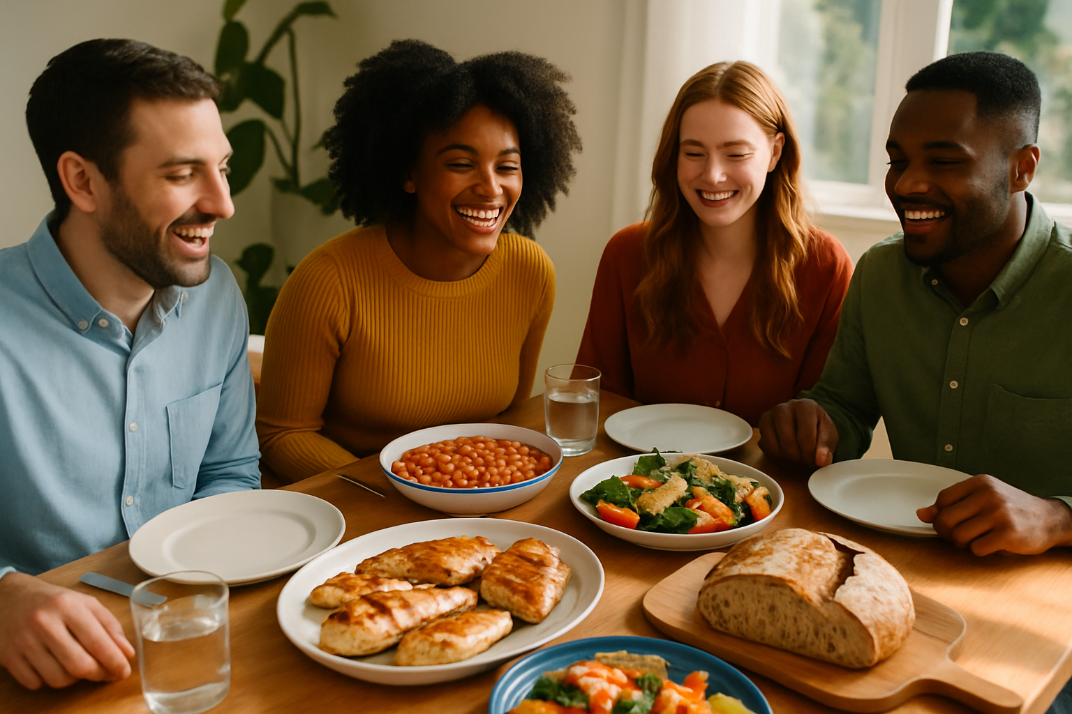 A colorful family dinner setup featuring baked beans surrounded by complementary dishes like grilled chicken, roasted veggies, and fresh bread.