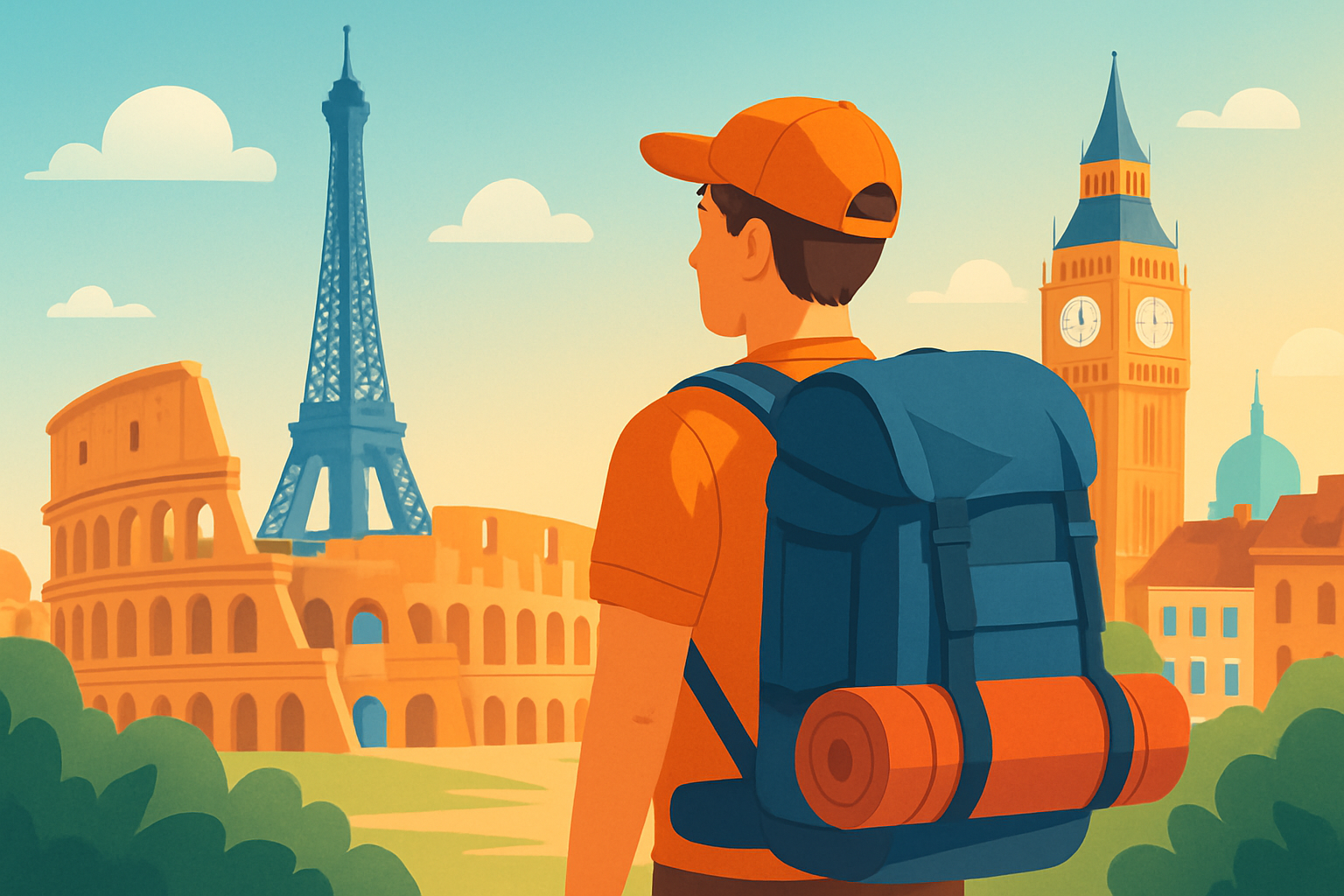 A beginner backpacker ready to start their European journey with essentials packed and confidence.