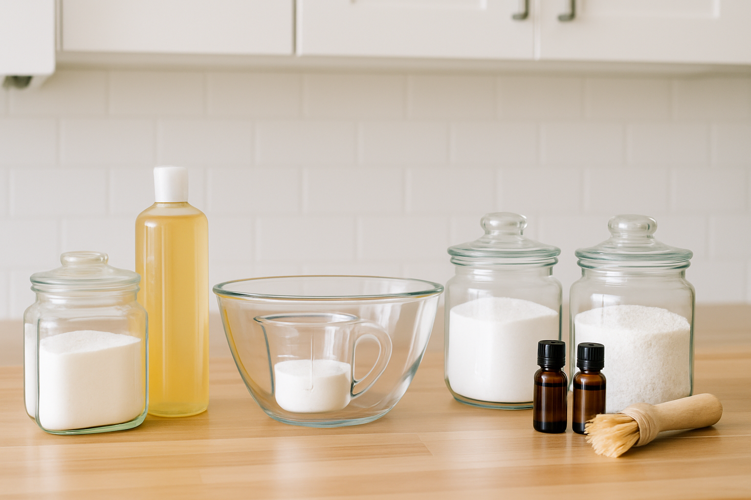 A collection of essential ingredients and tools neatly arranged for making homemade power washer detergent.
