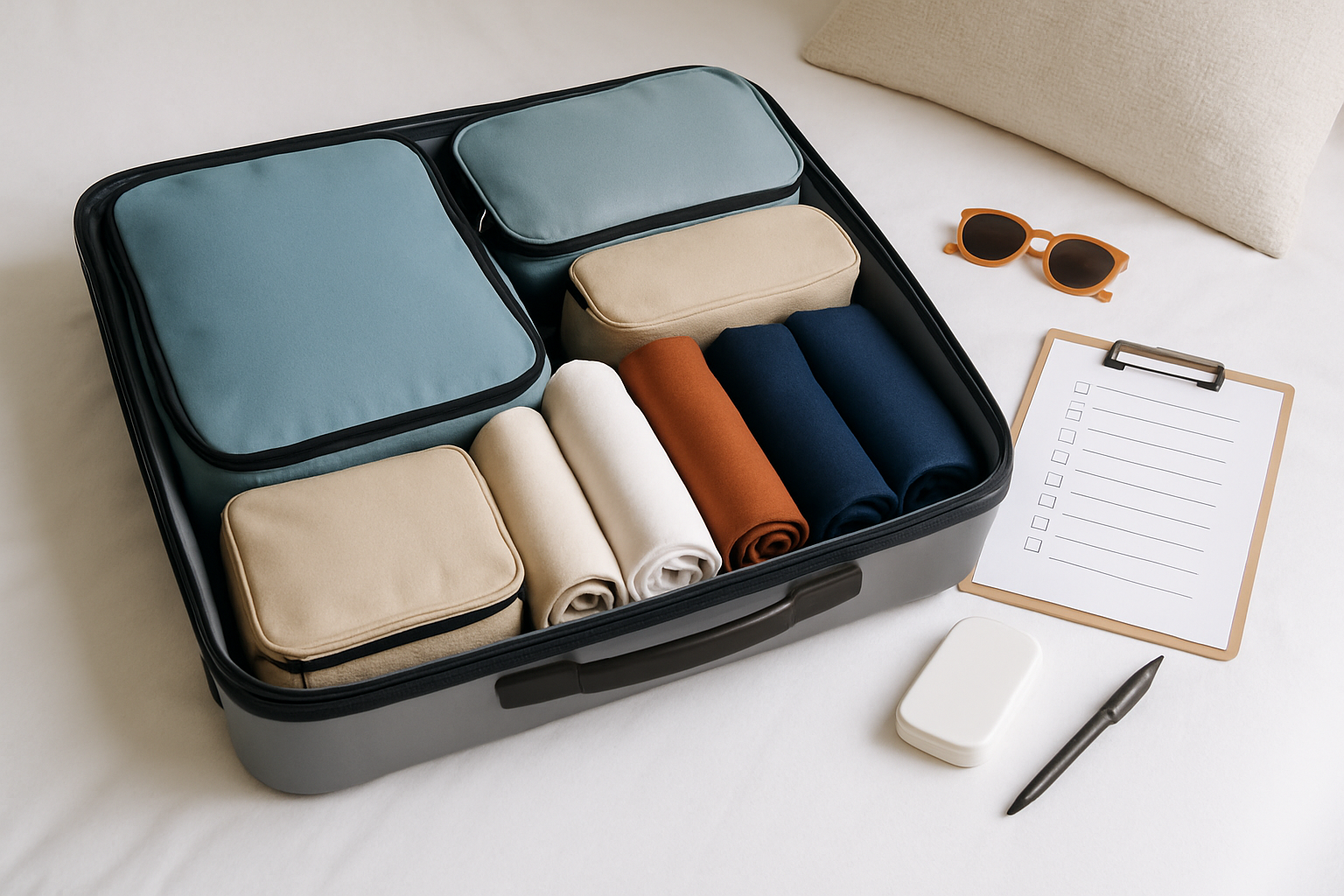 Organized suitcase showing efficient packing techniques with cubes and rolled clothes