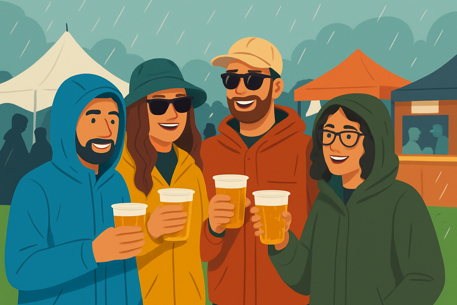 Diverse group at a beer festival dressed suitably for varying weather conditions