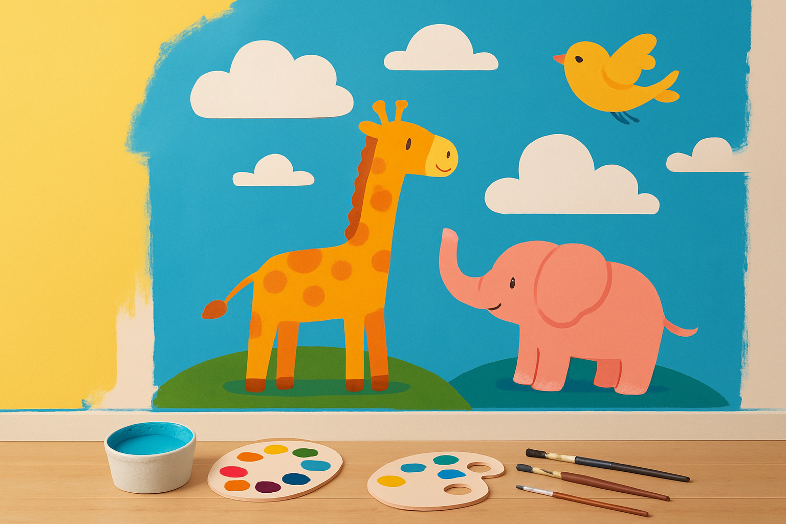 A vibrant mural in progress in a children