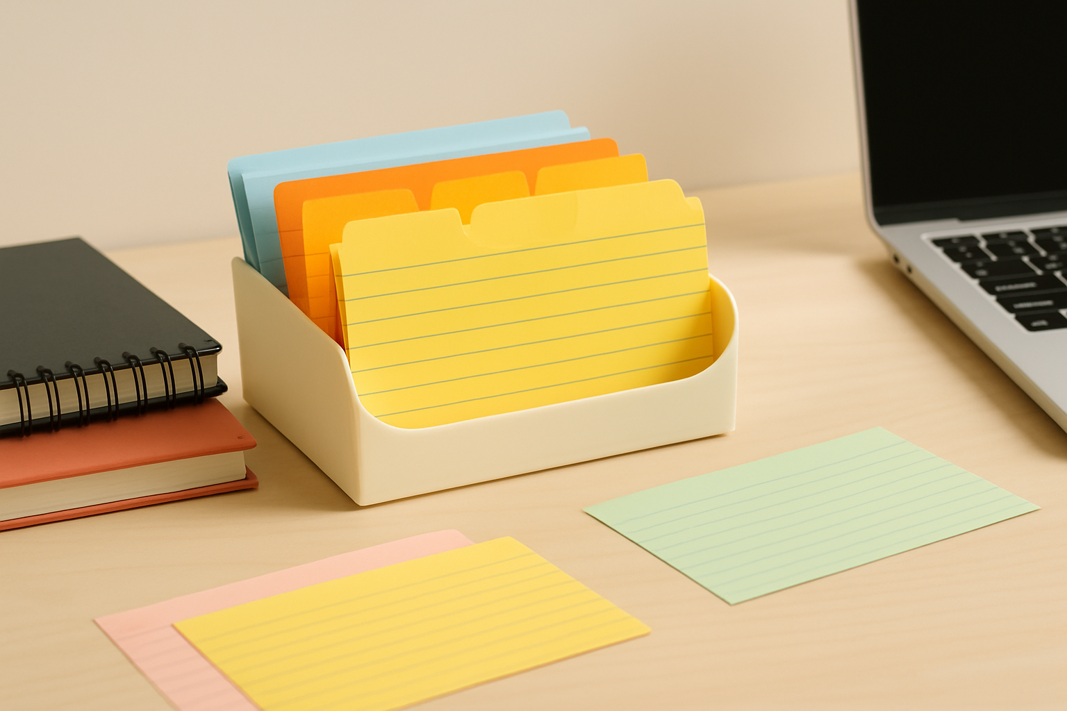 Visual showing a well-organized index card system for study or project planning.
