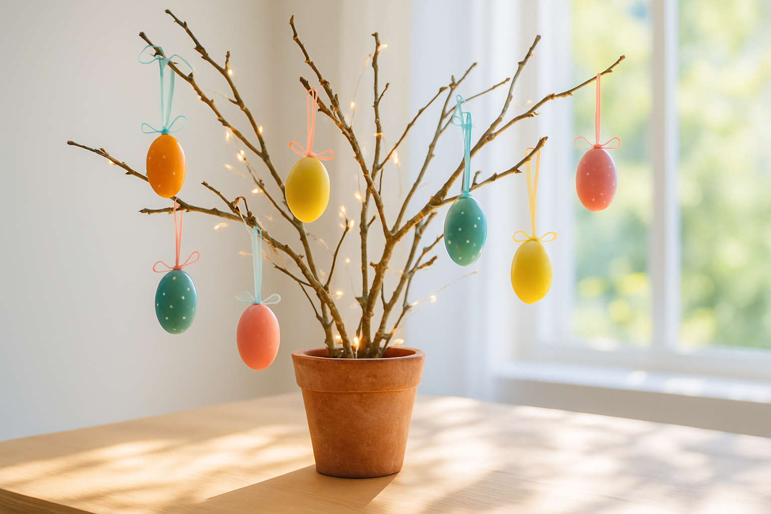 A beautifully decorated DIY Easter egg tree featuring colorful eggs hanging from natural branches, complemented by ribbons and fairy lights.