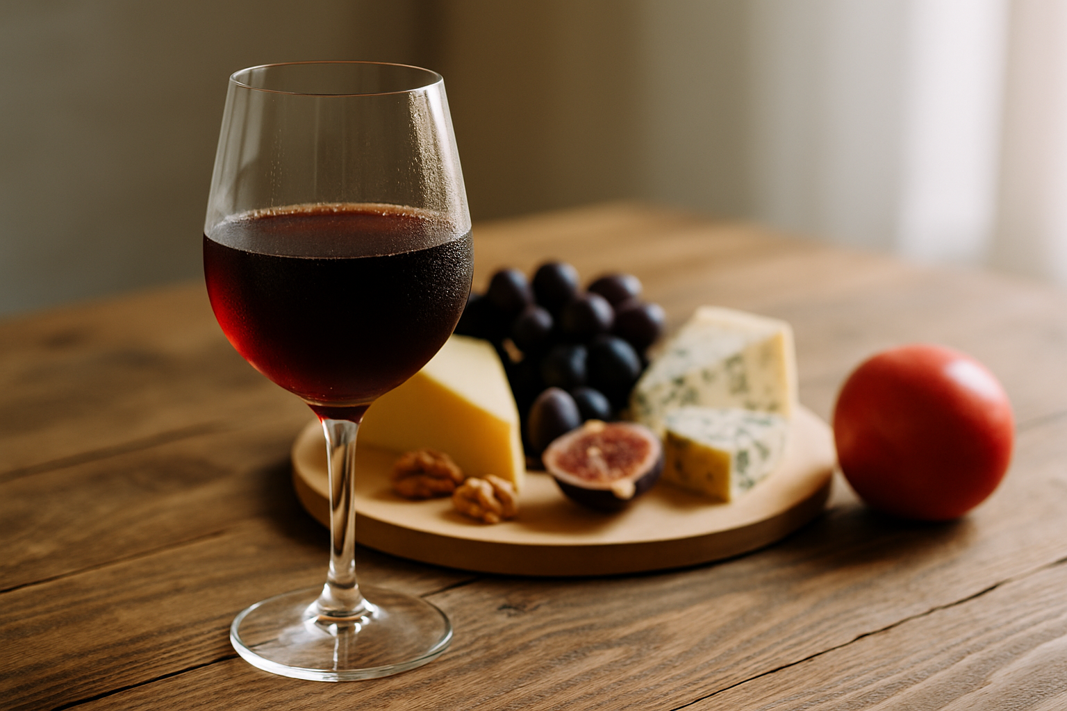 Chilled sweet red wine served in a medium-bowl glass alongside cheese and fresh fruit, illustrating ideal presentation and pairing.