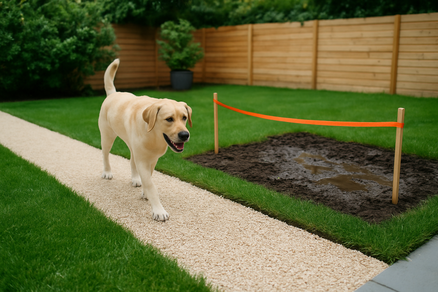A dog walking happily on a gravel path designed to avoid muddy patches in the backyard.