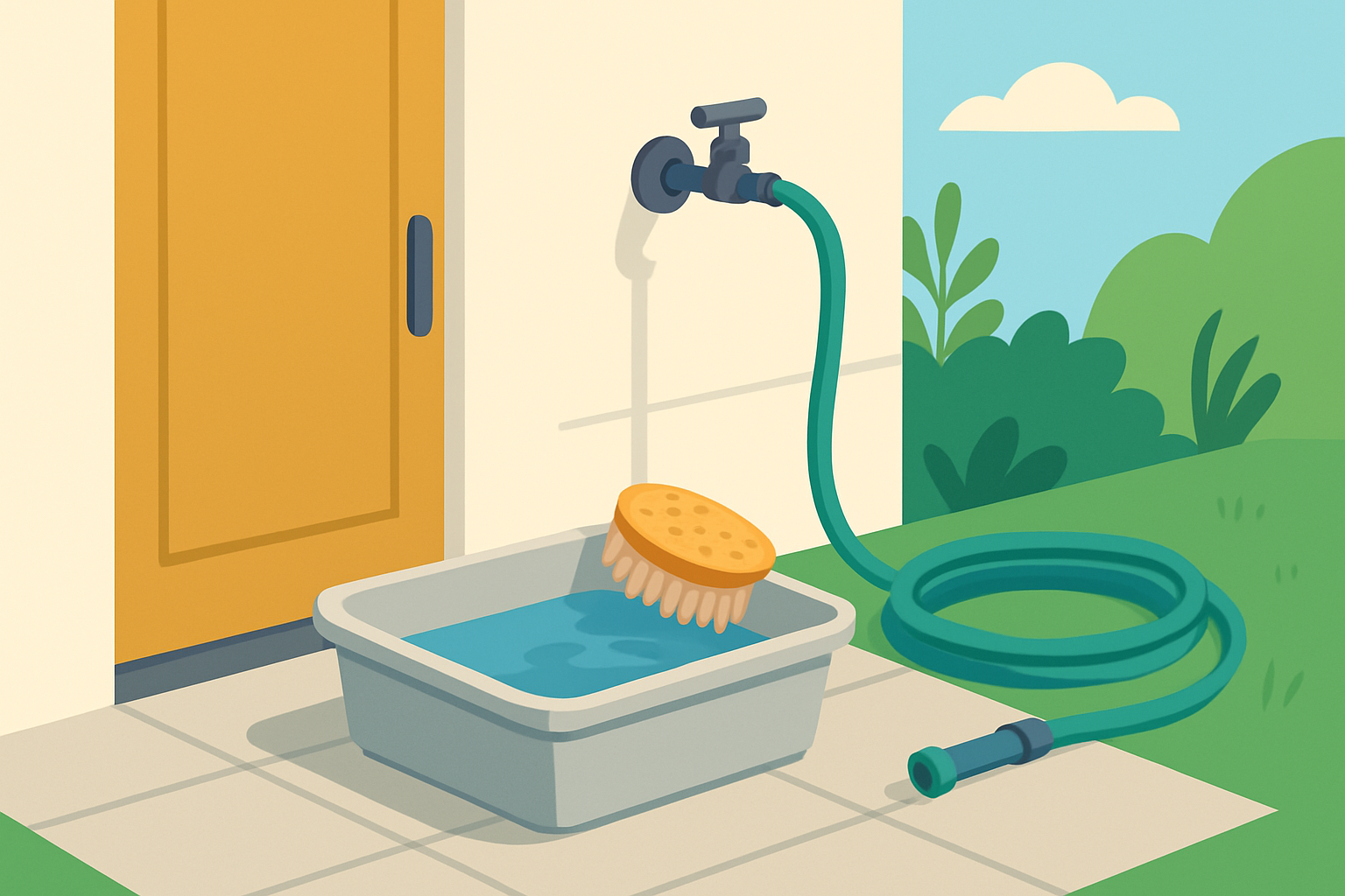 An outdoor paw cleaning station equipped with a basin and brush to rinse mud from dogs’ paws before entering the home.