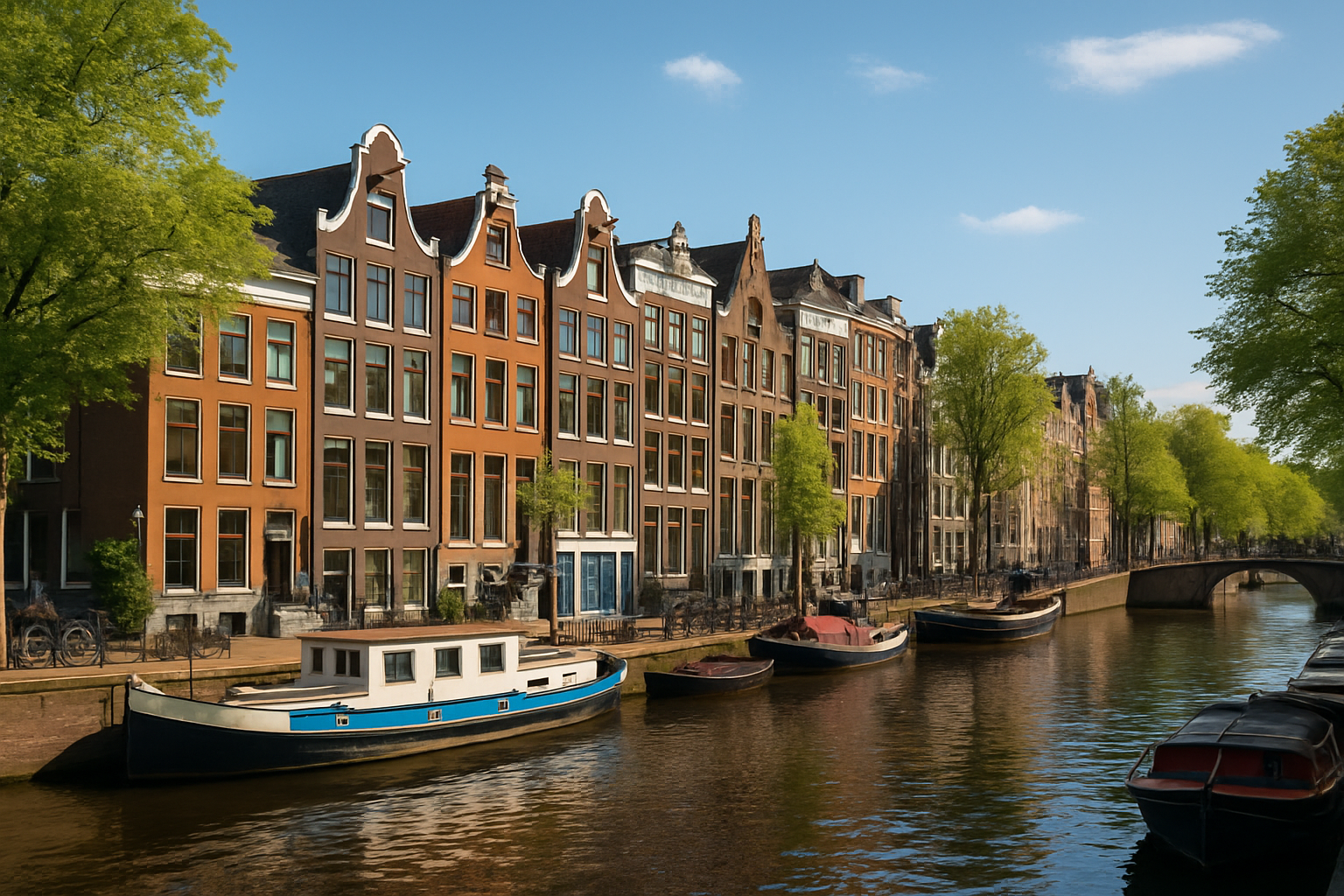 Scenic panorama of Amsterdam’s Canal Ring, showcasing iconic bridges and traditional canal houses.