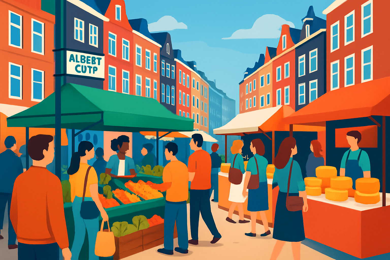 Lively atmosphere of Albert Cuyp Market in De Pijp, showcasing a variety of fresh produce and street food vendors.