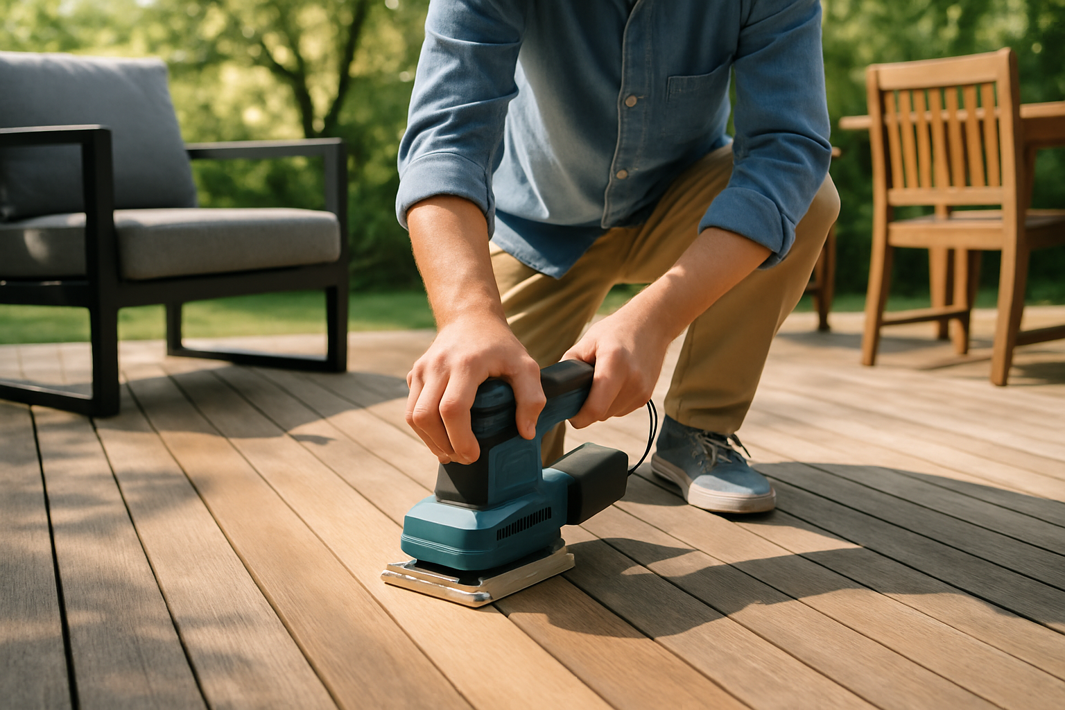 Preparing a wooden deck surface by sanding to remove peeling stain and ensure smooth finish before re-staining