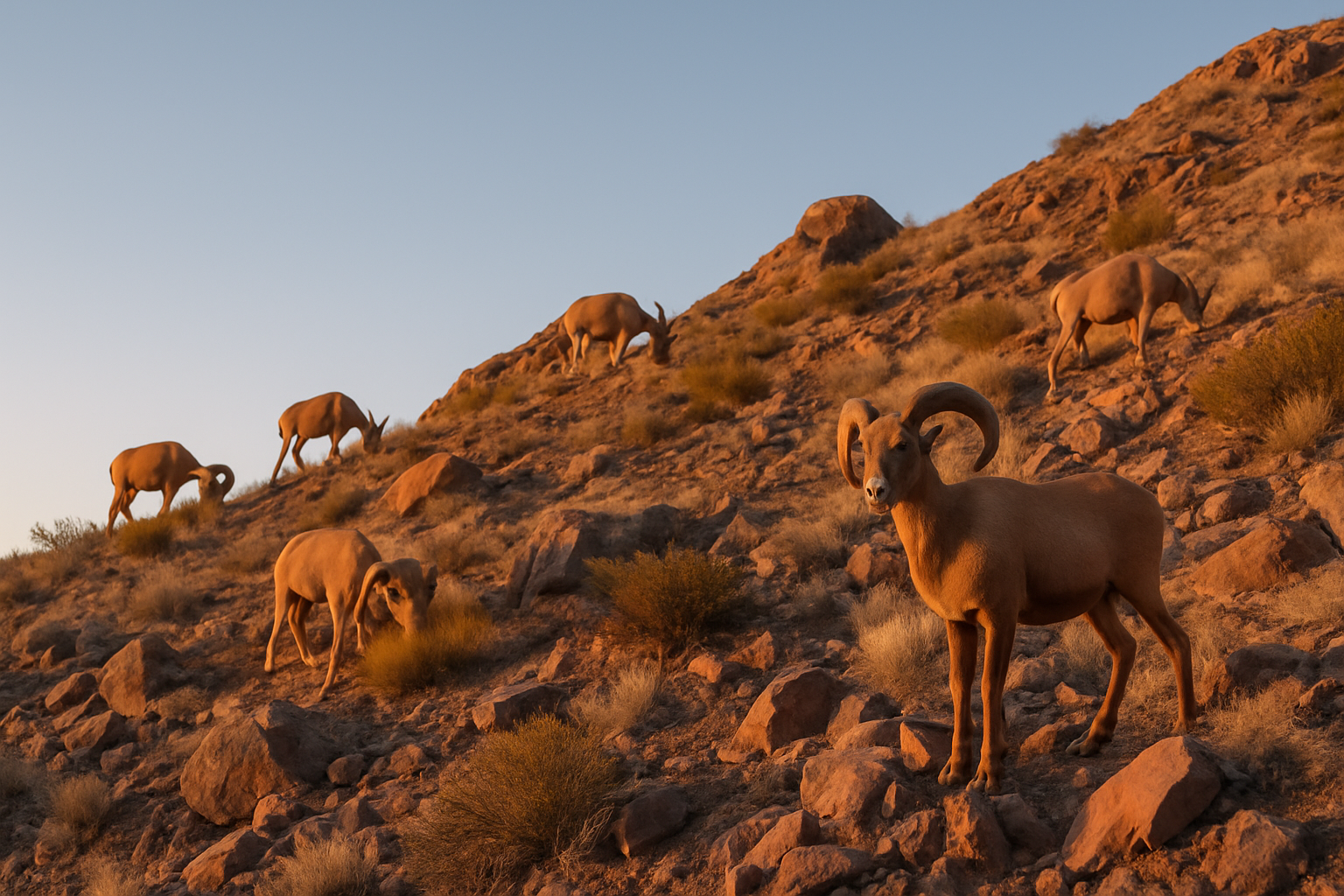 Wild goats and Big Horn Sheep navigating rocky mountain terrain in Texas.