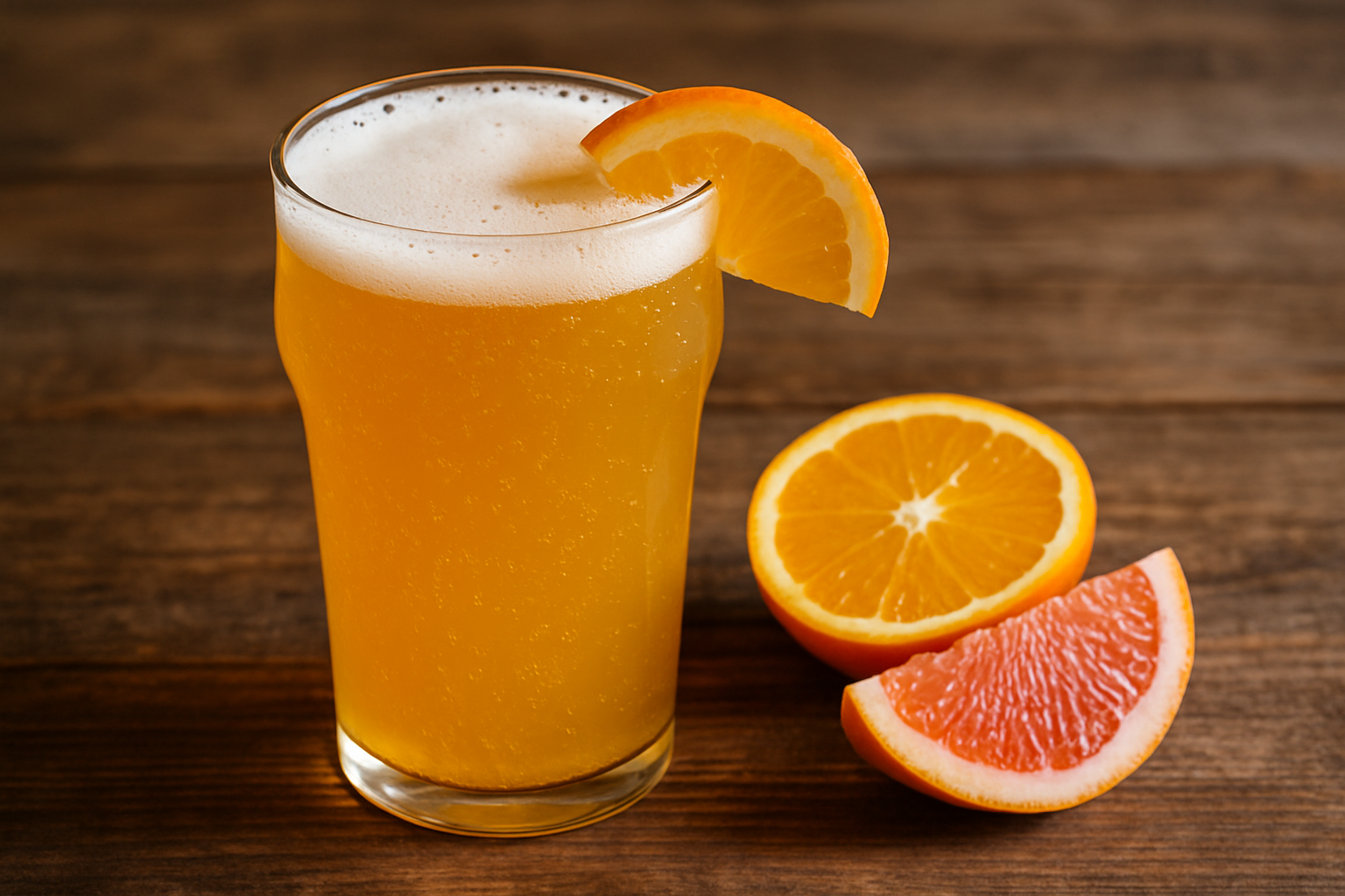 A refreshing glass of citrus IPA beer with visible citrus garnishes highlighting its zesty flavor profile