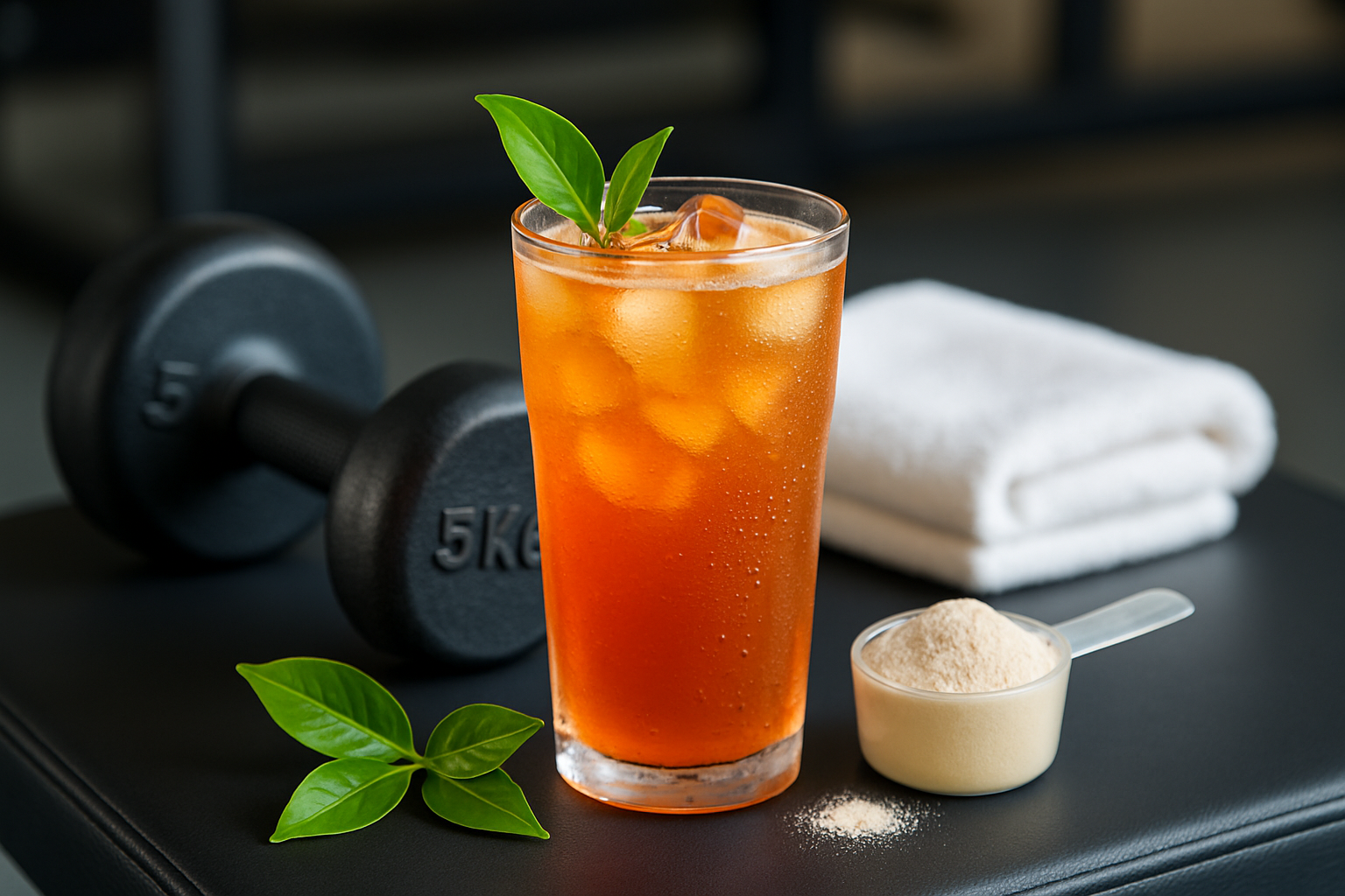 Refreshing glass of protein ice tea highlighting its ingredients and post workout setting