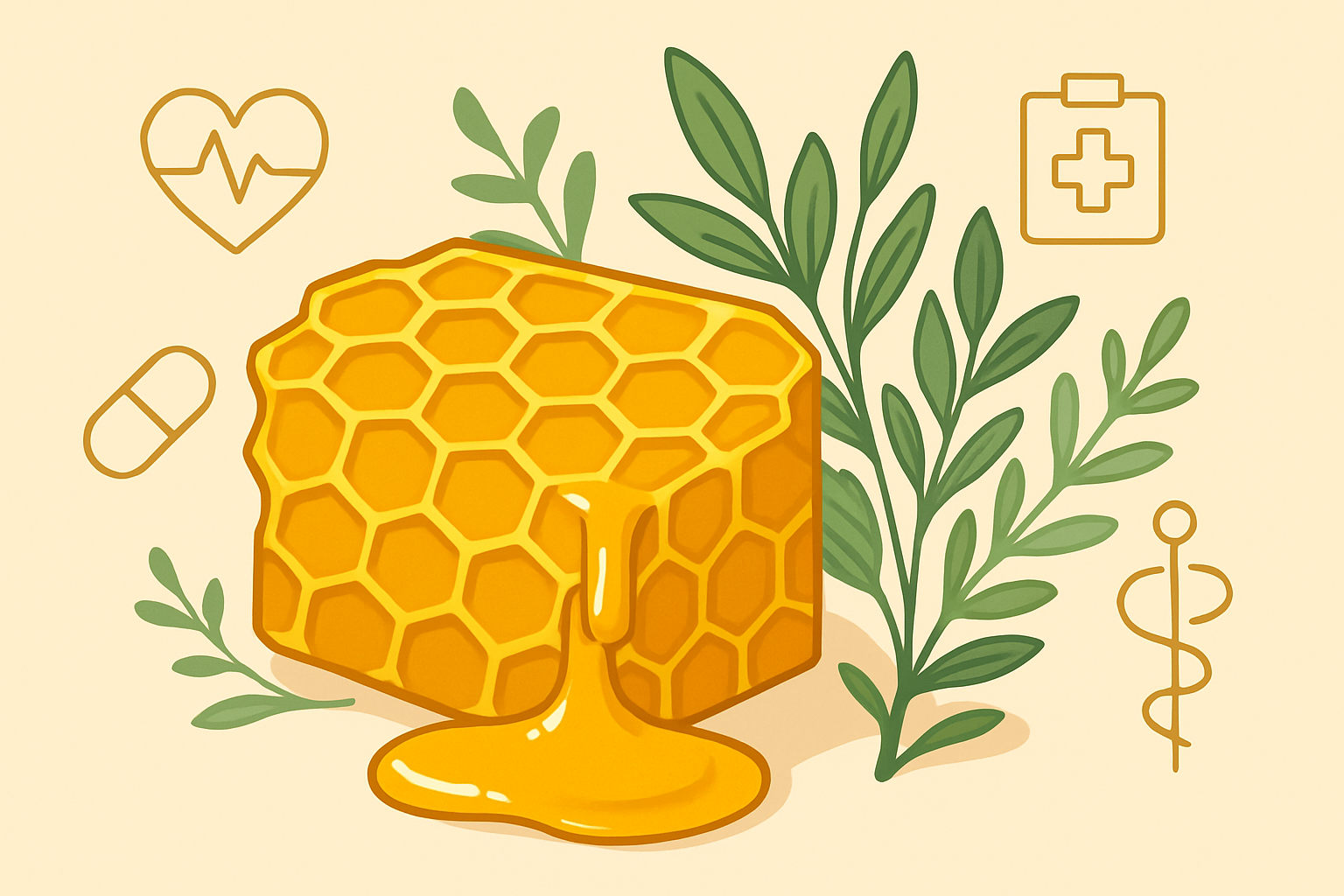 Illustration showing honey’s natural origin and its medicinal uses symbolically represented by honeycomb and healing elements