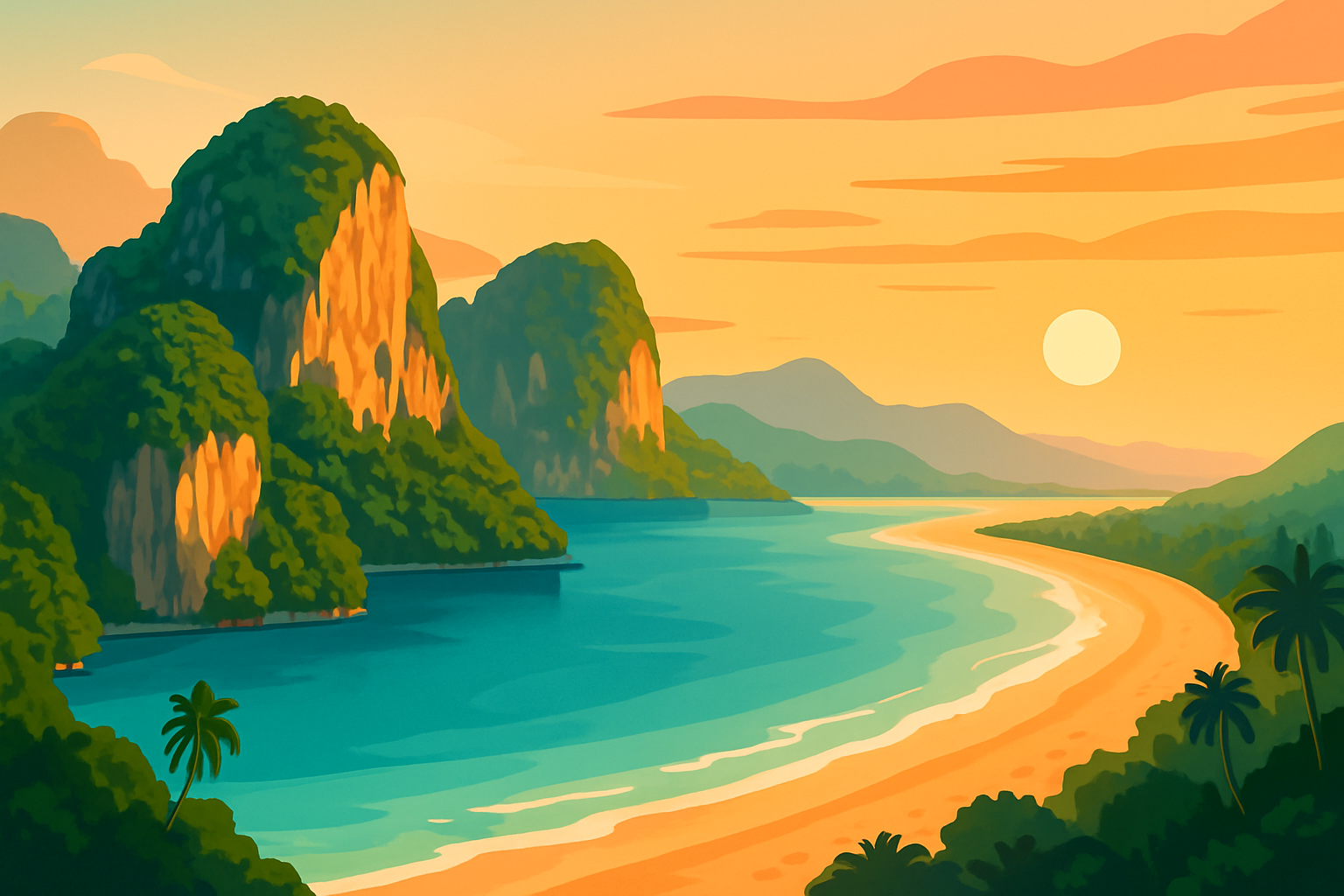Panoramic photo showcasing the typical scenery of Phi Phi compared to Phuket to highlight differences in landscape