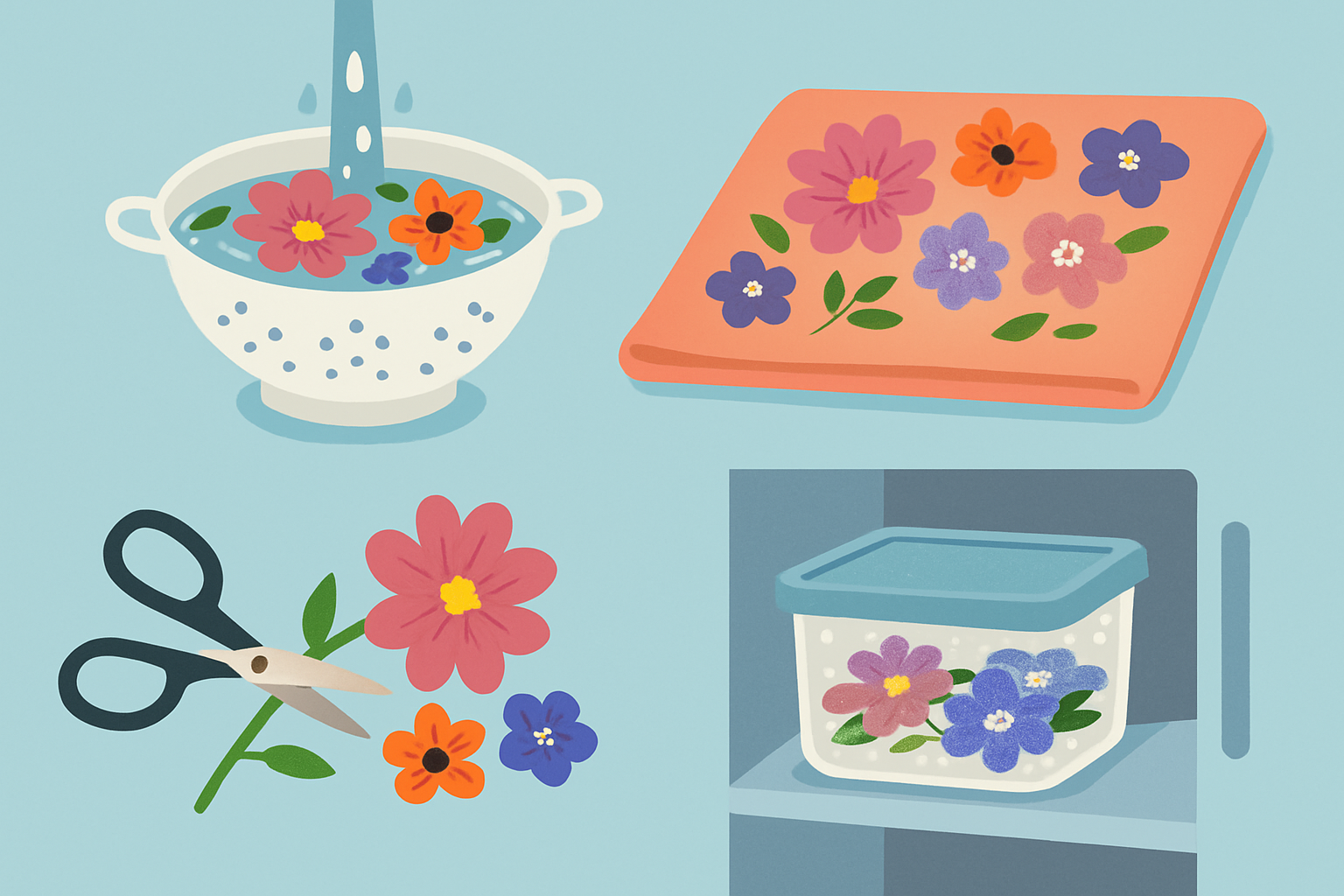 Step-by-step preparation of edible flowers including washing, drying, and candying petals